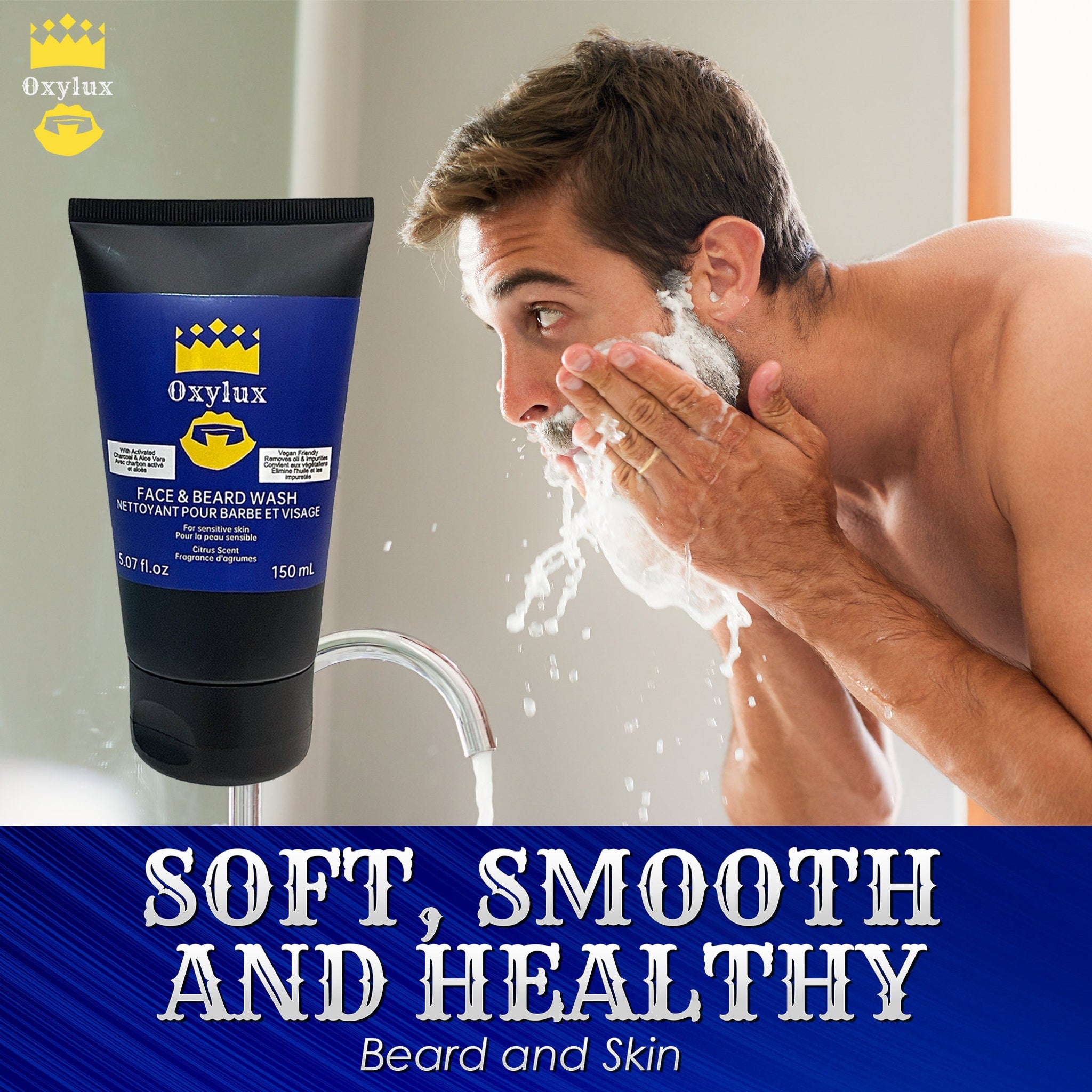 Face and beard wash tube, blue and black, with Oxylux branding, shown with man washing face