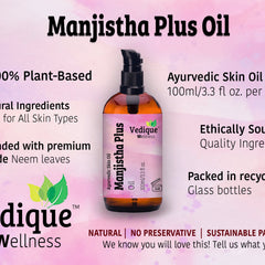 Hand applying golden Manjistha oil to cheek with fingertips, showcasing natural glow and lightweight texture