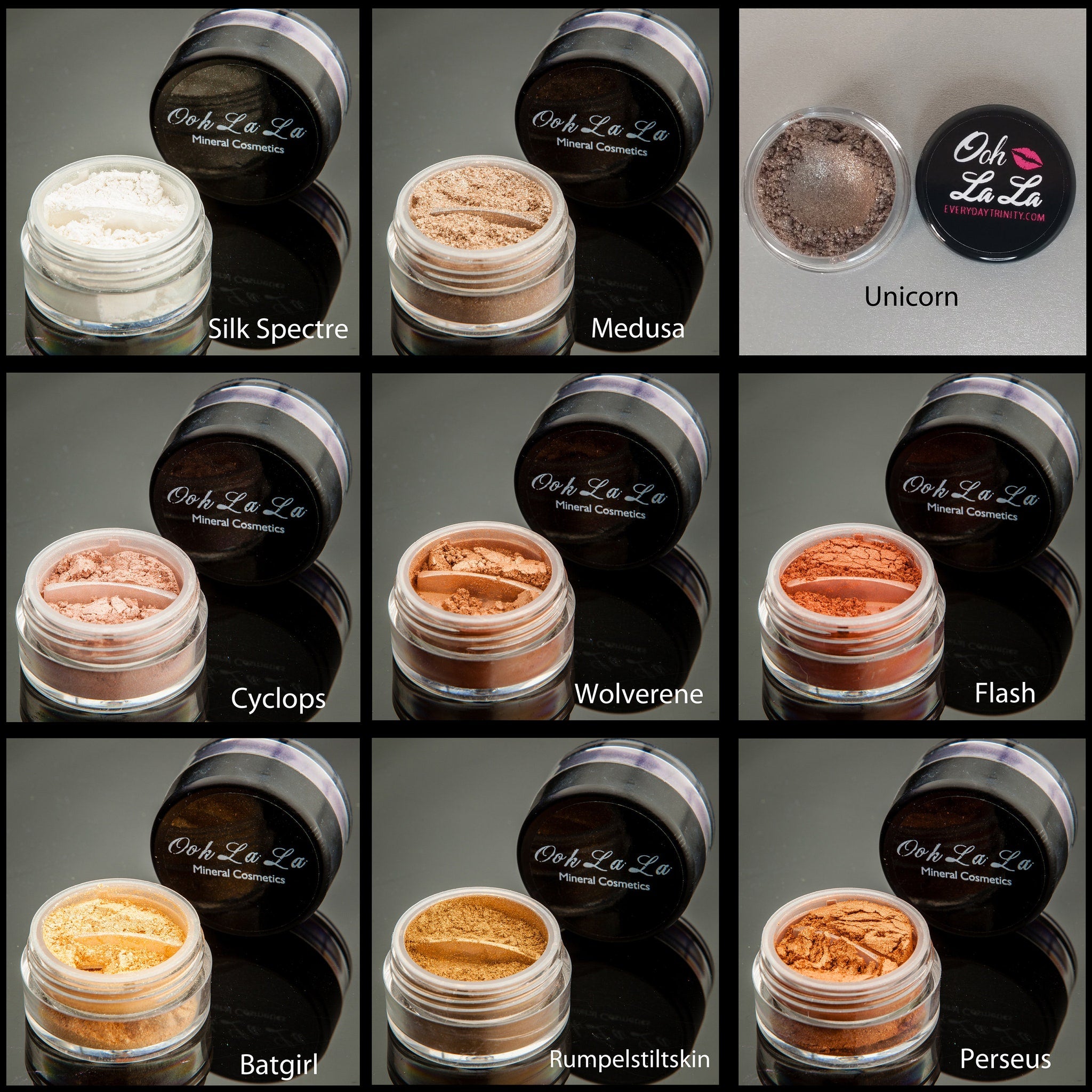Side view of mineral eye shadow jar showing textured powder surface in natural earthy tones