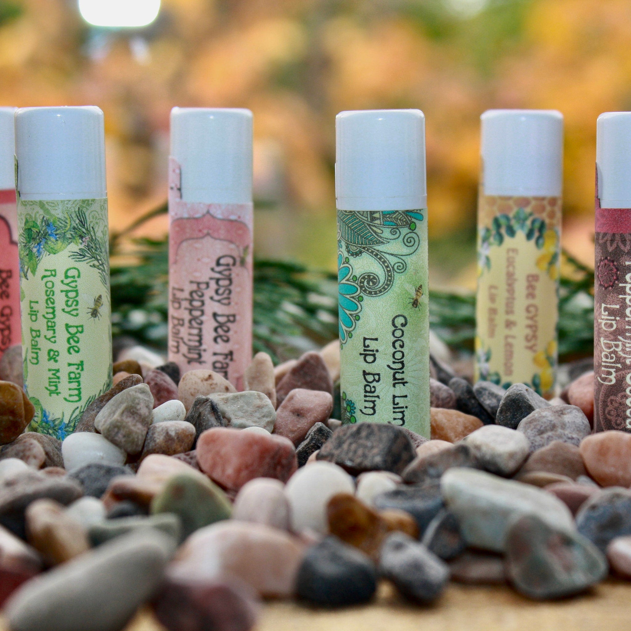 Lip balm tubes with white caps, patterned labels, and various colors, displayed on rocks