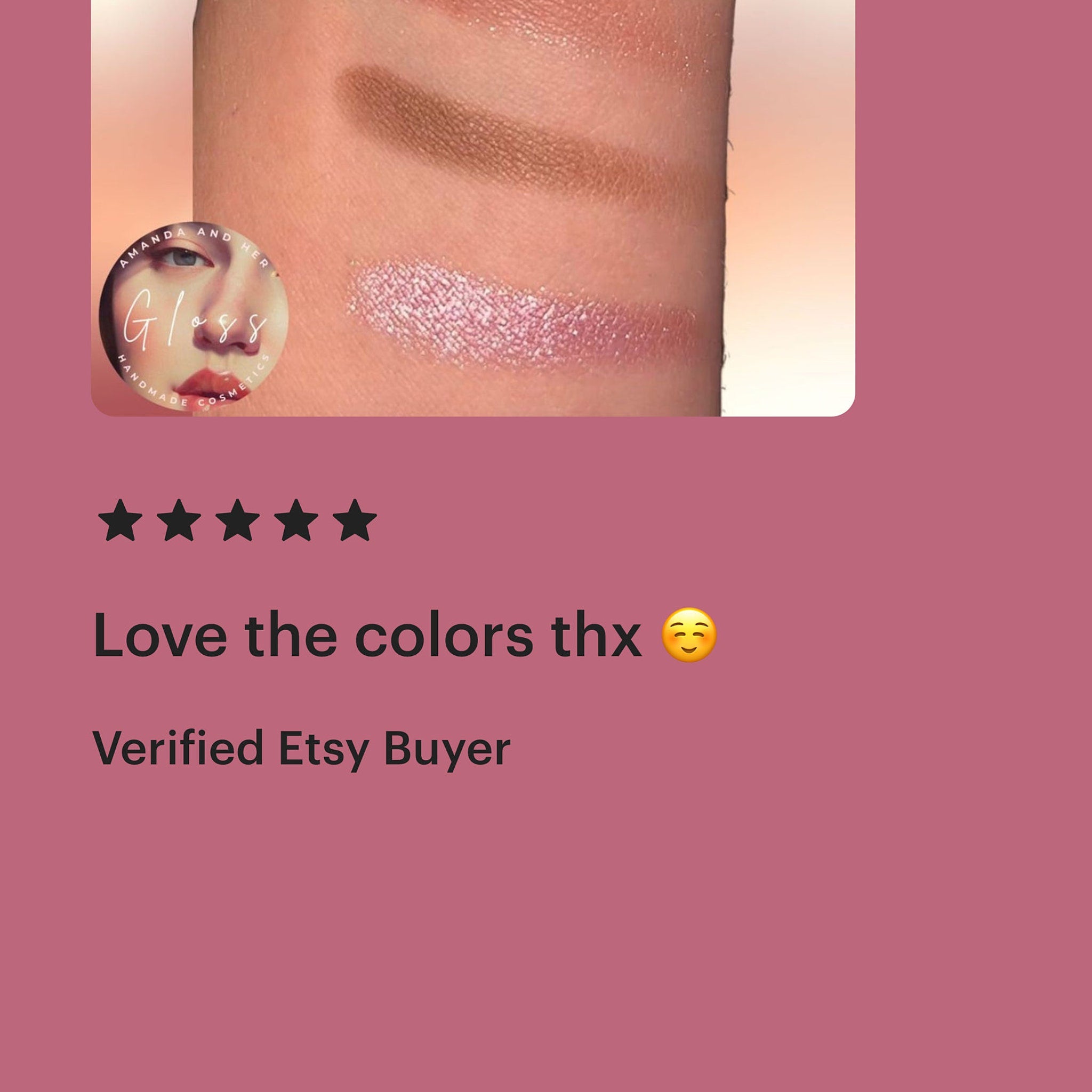 Eyeshadow swatches in brown and pink with glitter, Amanda and Her Gloss logo visible