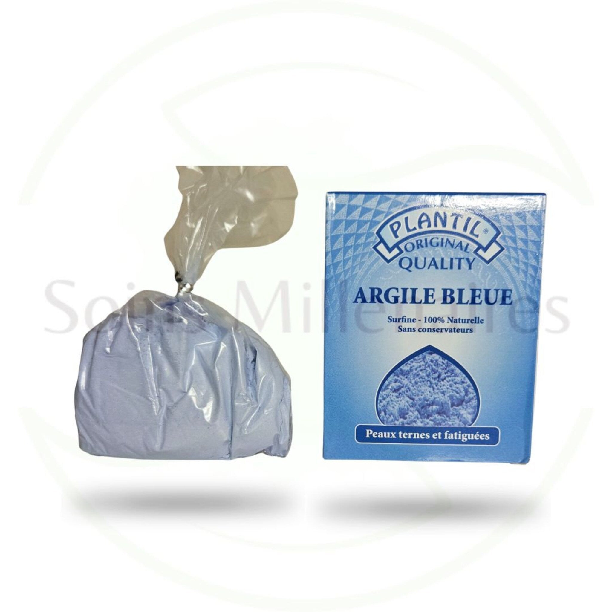 Blue clay powder in a clear plastic bag and blue PLANTIL box, for skin care
