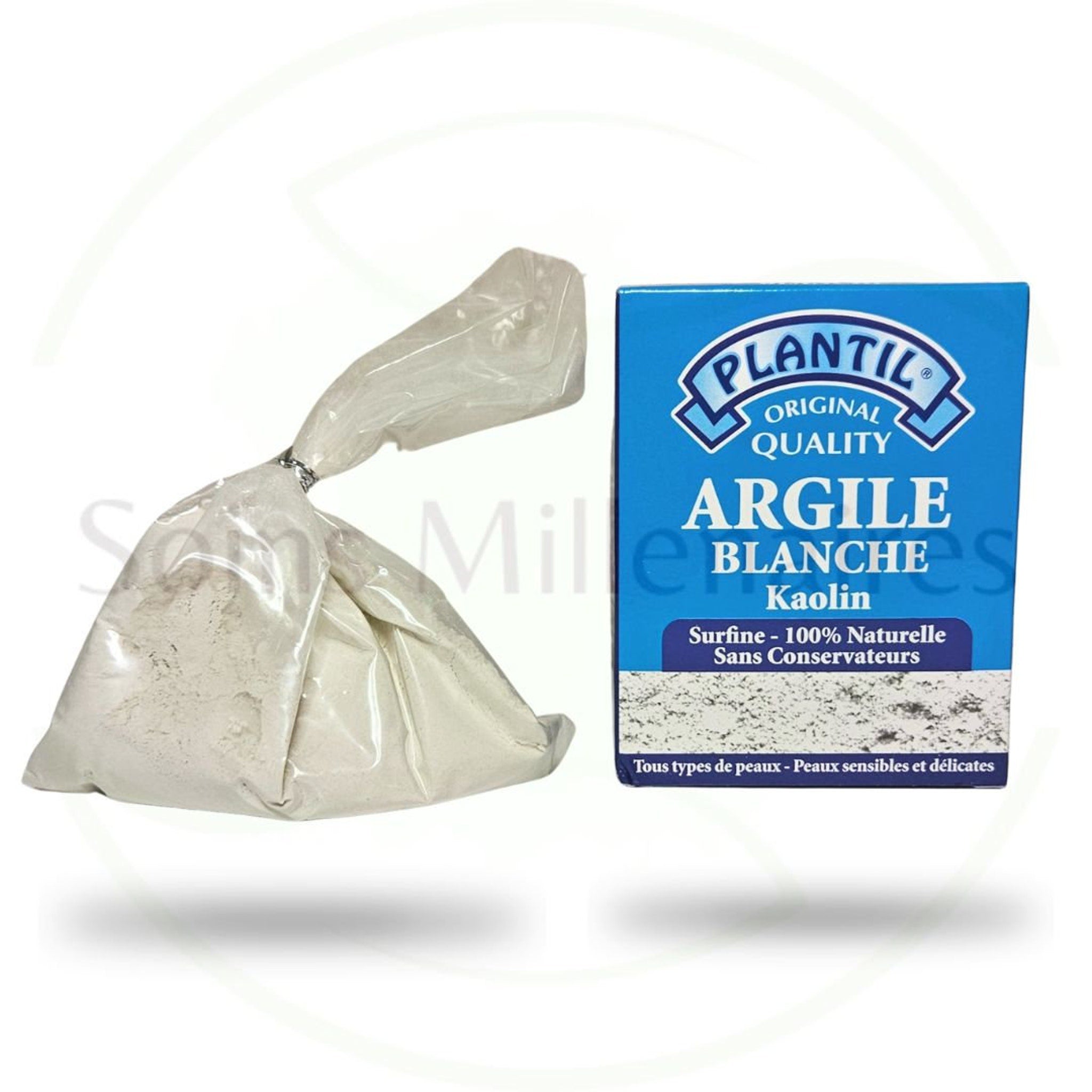 White Kaolin Clay in a clear plastic bag and blue box with PLANTIL brand name