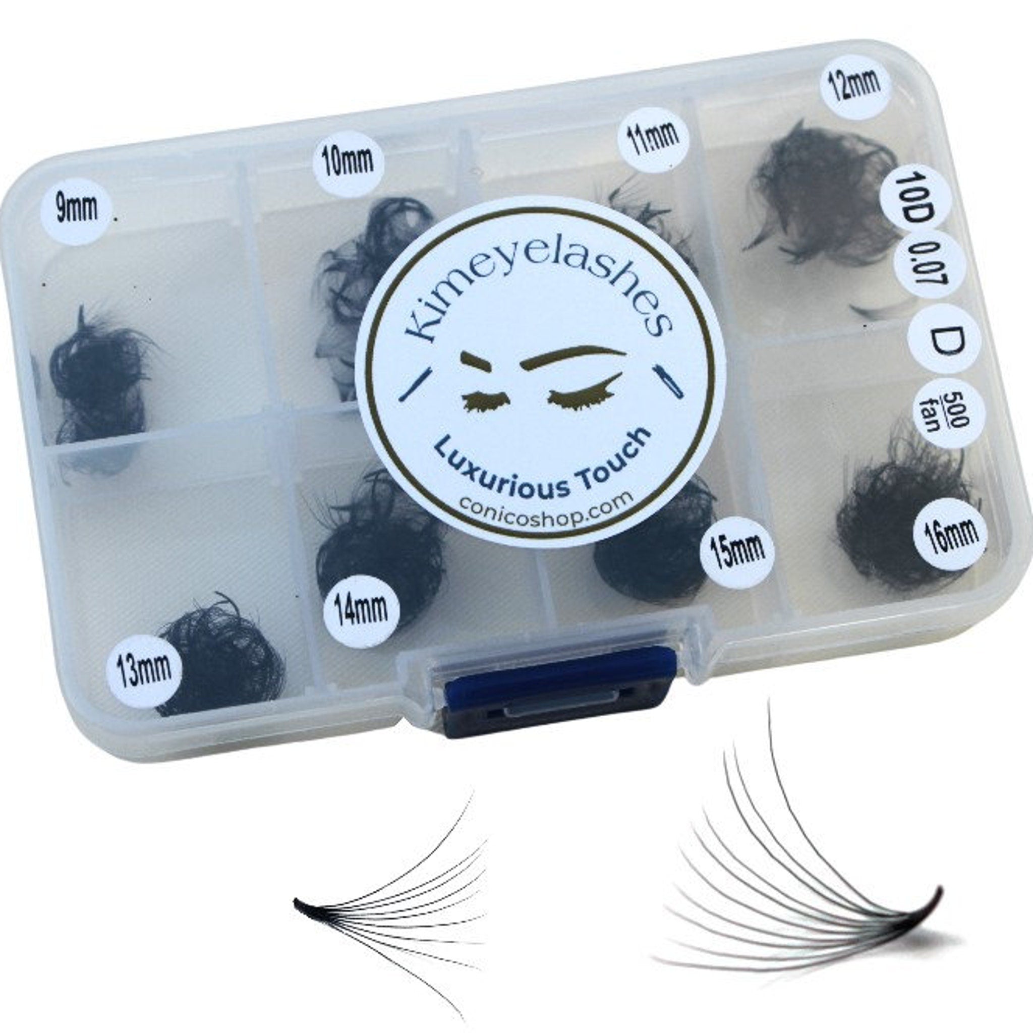 Eyelash extensions in a clear plastic case with black lashes and Kimeyelashes logo