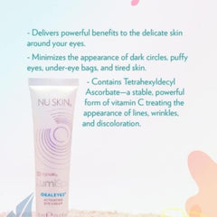 Eye cream tube, white with purple design, Nu Skin brand visible, for eye care