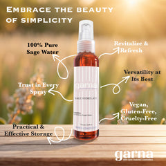 Sage Hydrolate bottle, clear glass with brown liquid, white pump top, garna brand