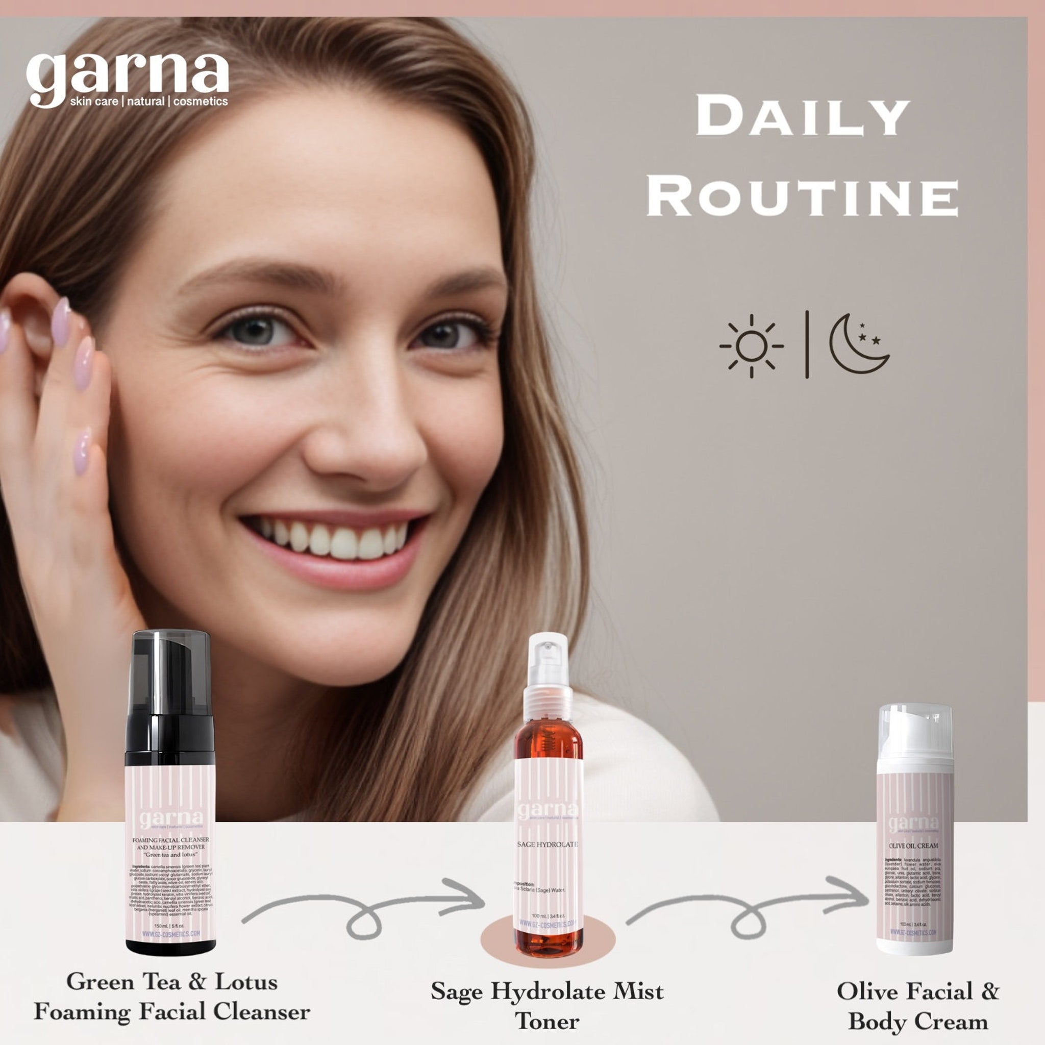 Skincare products with garna brand, woman with products for daily routine, including cleanser, toner, and cream