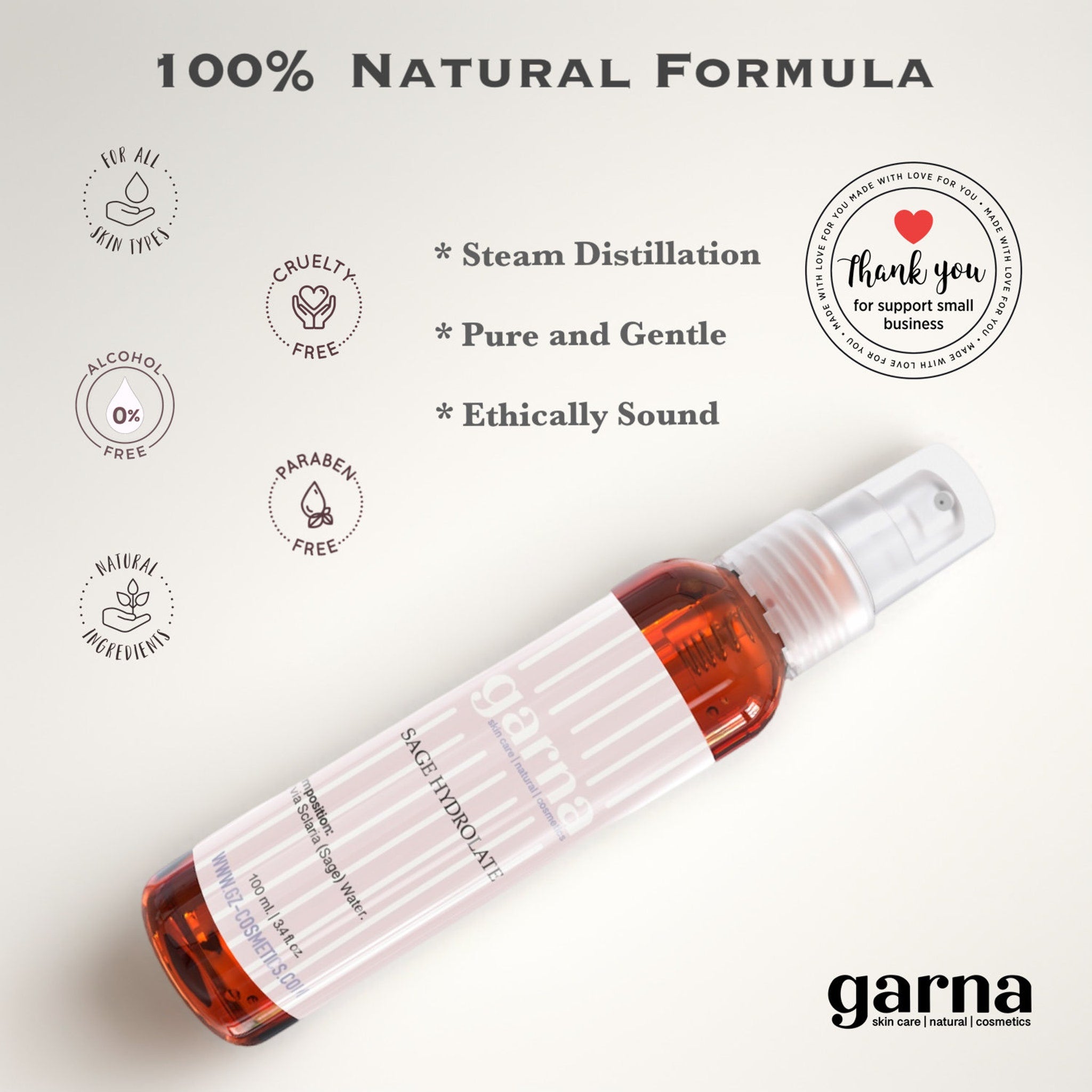 Sage Hydrolate bottle with brown liquid, white label, and garna brand logo on white background