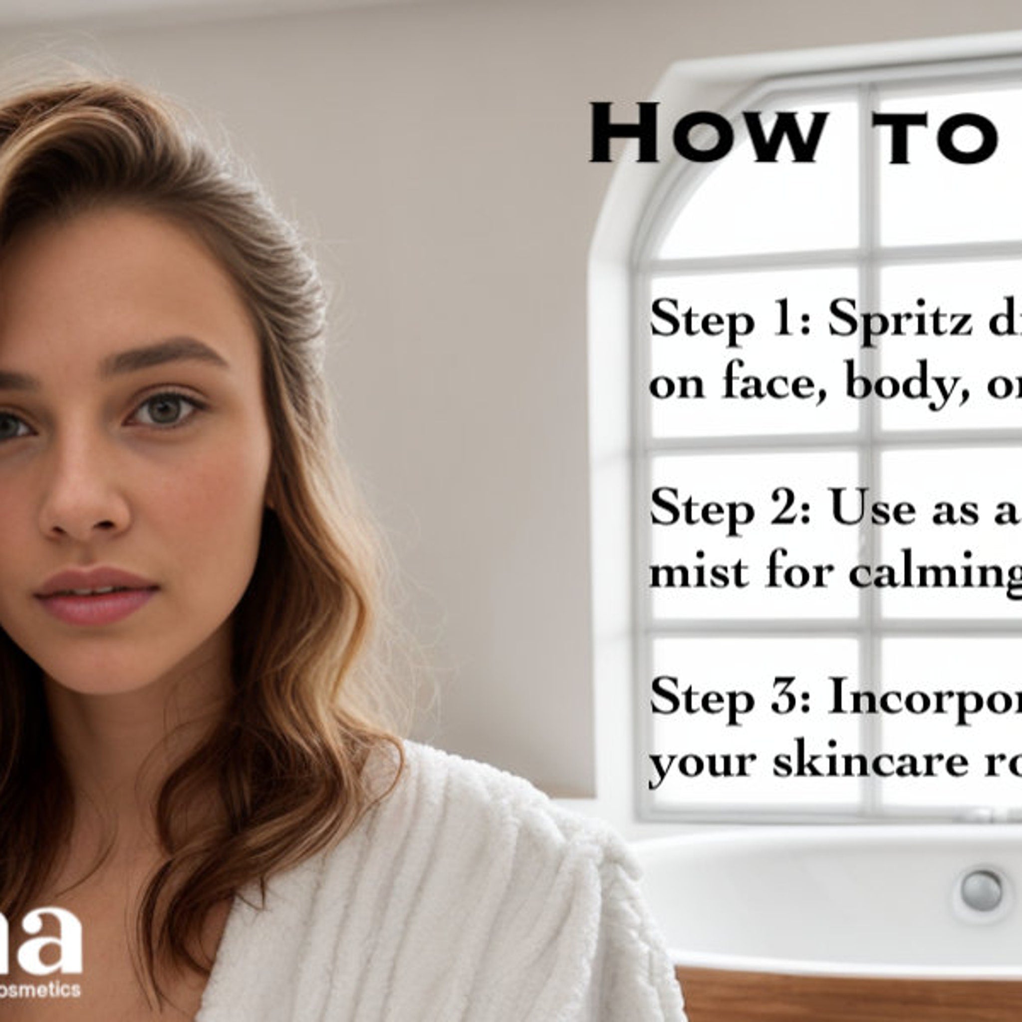 Woman in white robe with long blonde hair, "How To" instructions, and "na cosmetics" text visible