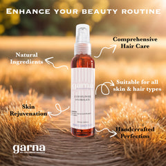 Cornflower Hydrolate bottle, clear glass, white pump, with garna branding and text label on wooden surface