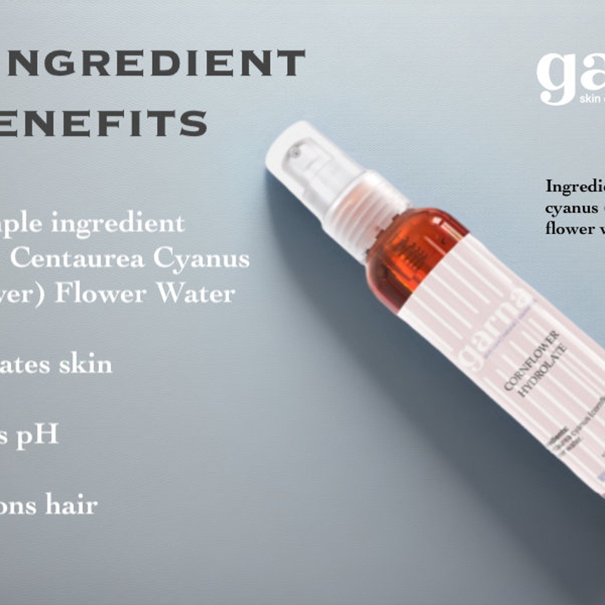 Cornflower Hydrolate spray bottle, clear plastic, pink and white label, garna brand visible