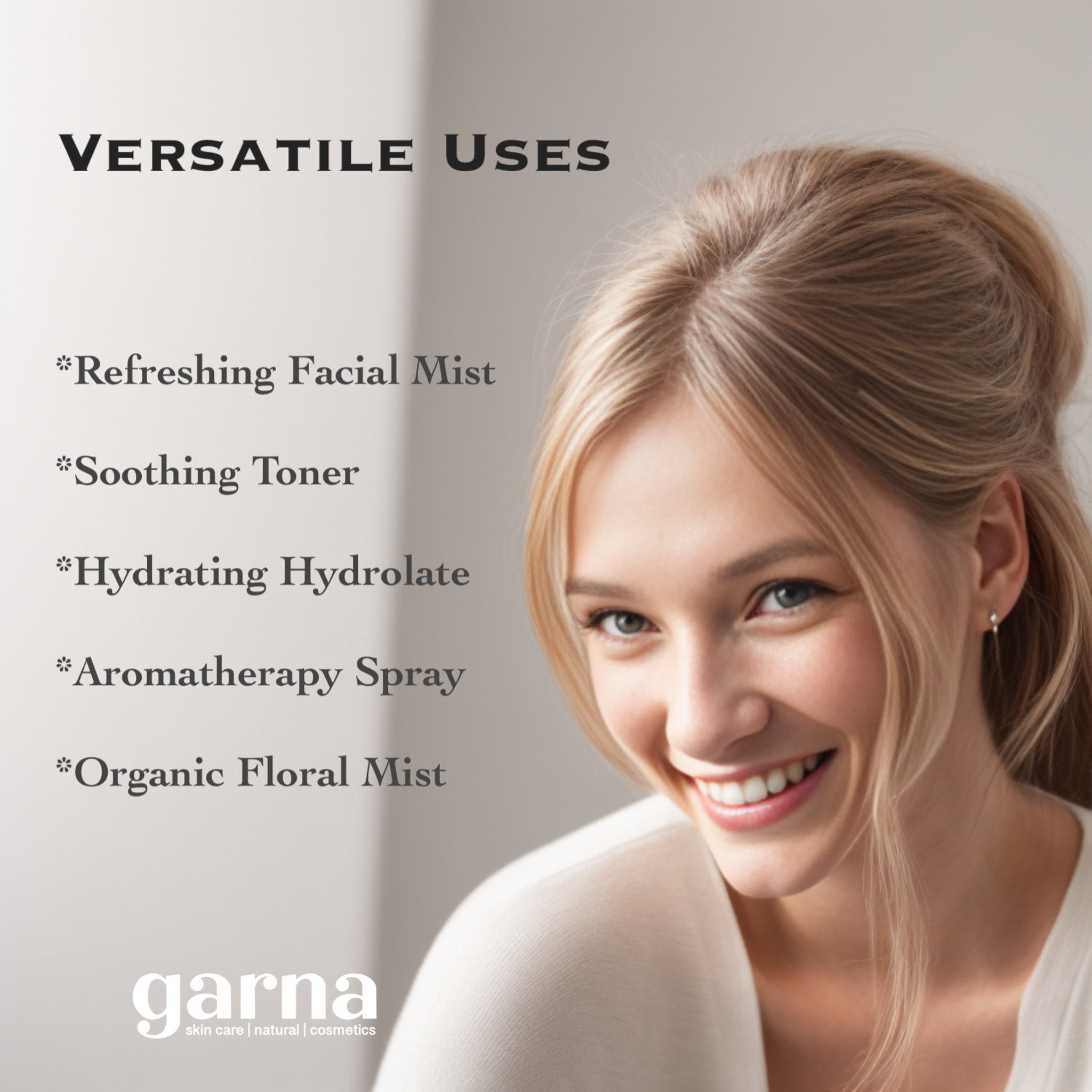 Facial mist uses, blonde woman with white top, garna skin care branding visible, smiling face