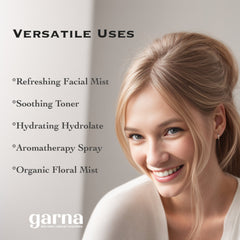 Facial mist uses, blonde woman with white top, garna skin care branding visible, smiling face