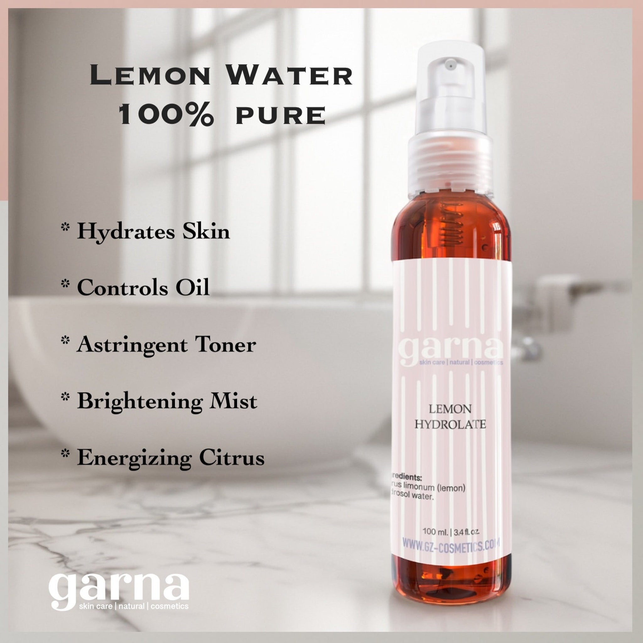 Lemon water spray bottle, amber liquid, white and pink label, garna skin care brand