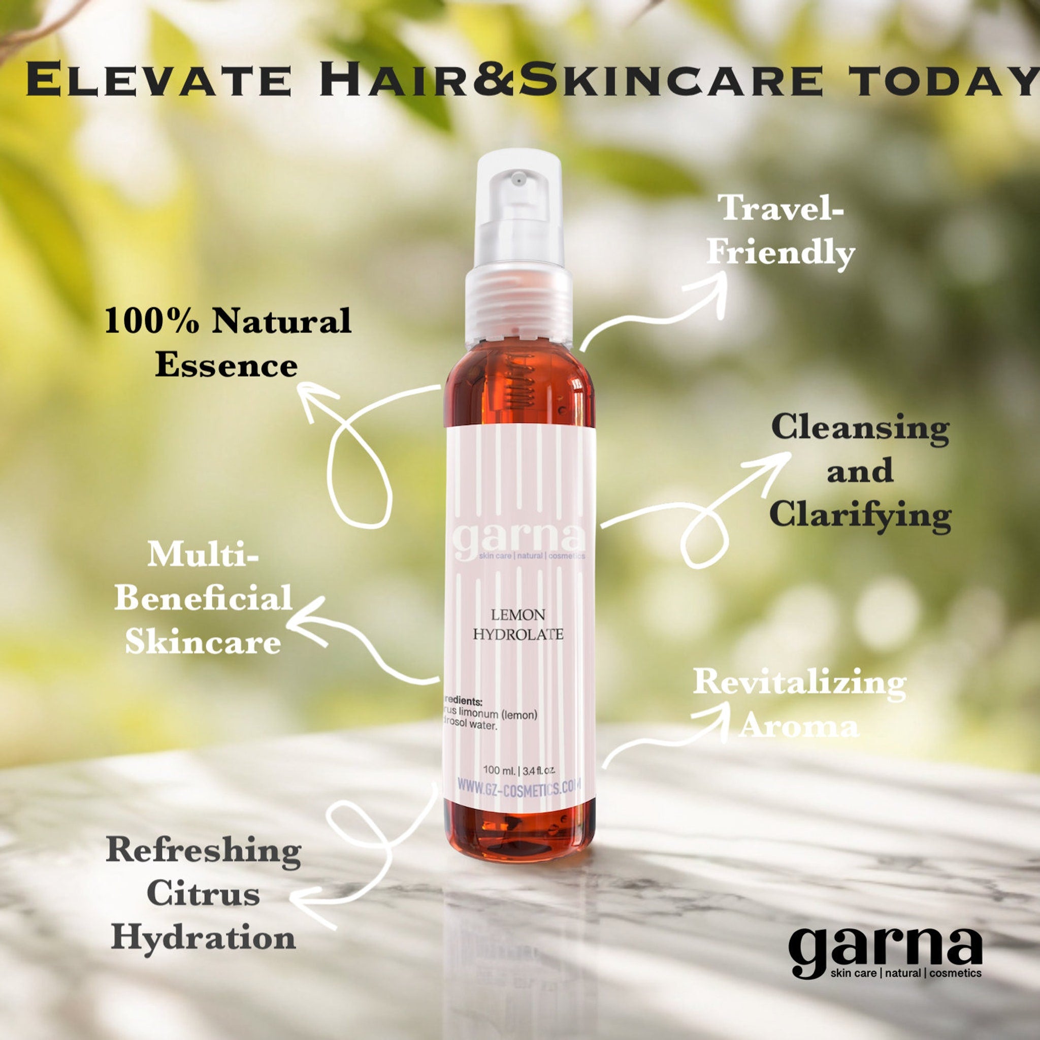 Lemon Hydrolate spray bottle, clear glass, white pump top, "garna" branding visible