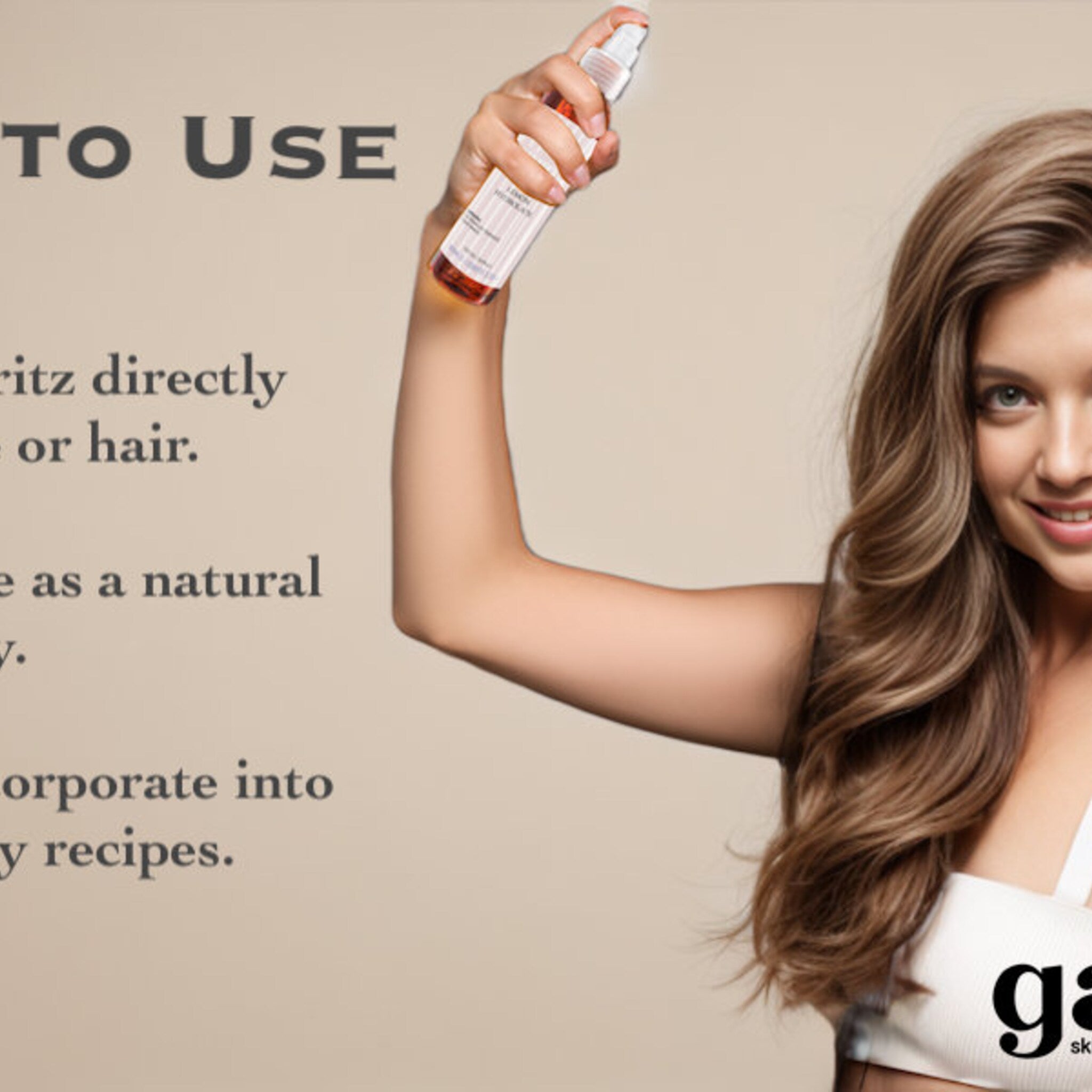 Spray bottle held by woman, clear bottle with white label, spraying action, woman with long brown hair