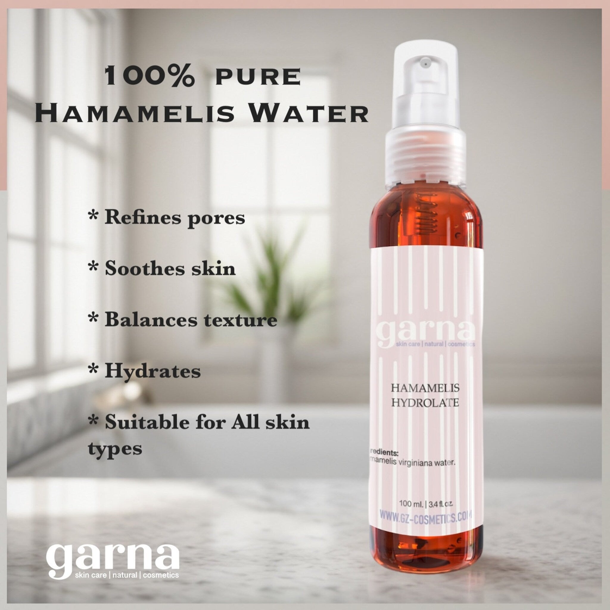 Hamamelis water bottle, clear liquid, white and pink label, garna brand