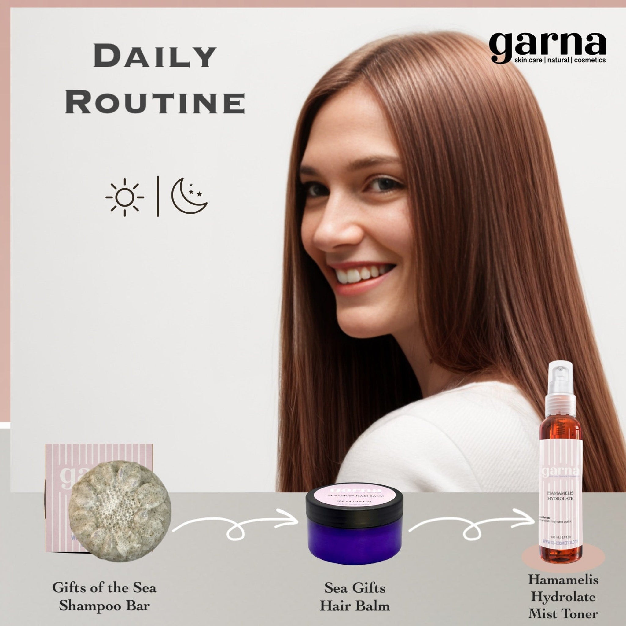 Daily routine image with woman, shampoo bar, hair balm, and toner, garna skin care brand