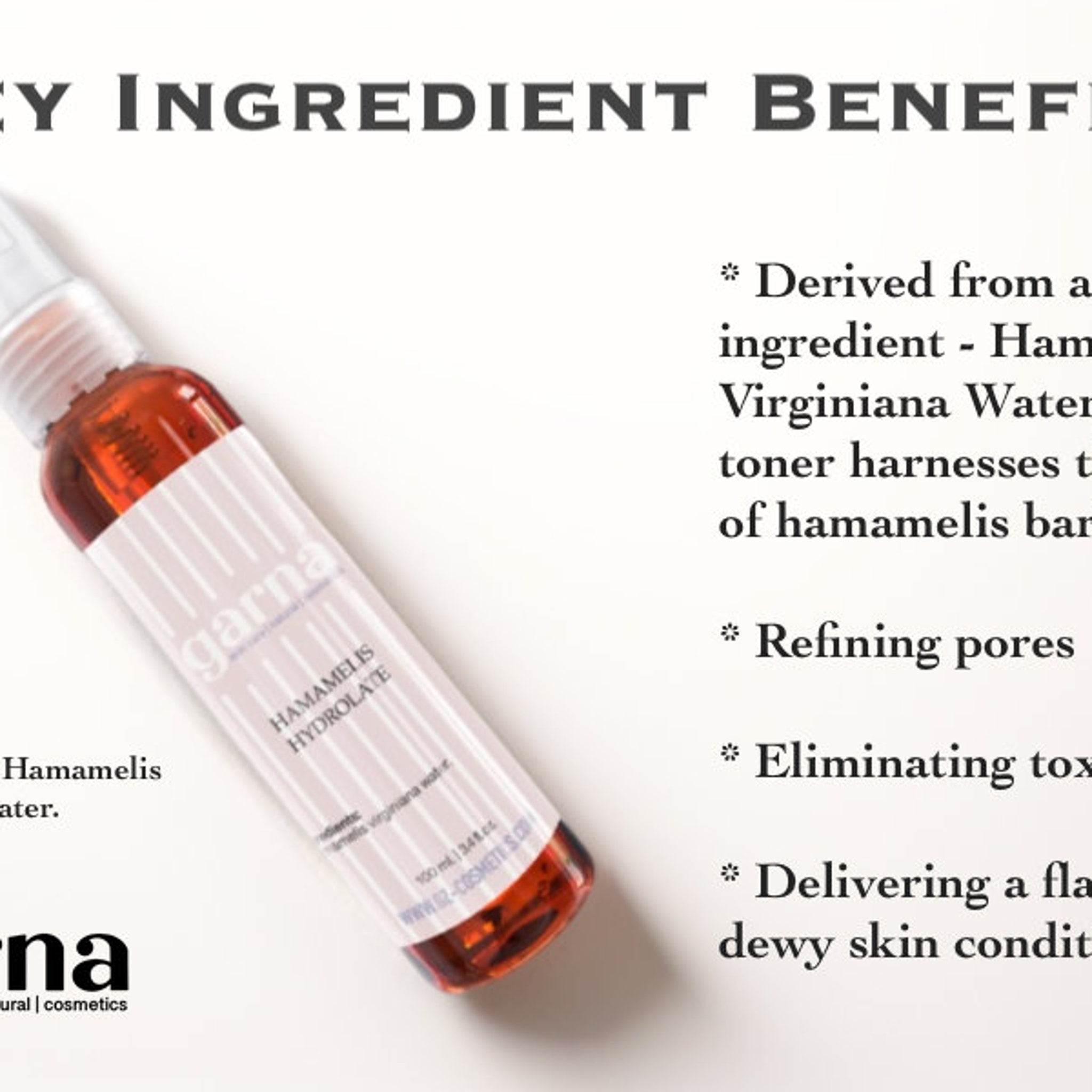 Toner bottle with brown liquid, white label, and "garna" brand name displayed near text about benefits