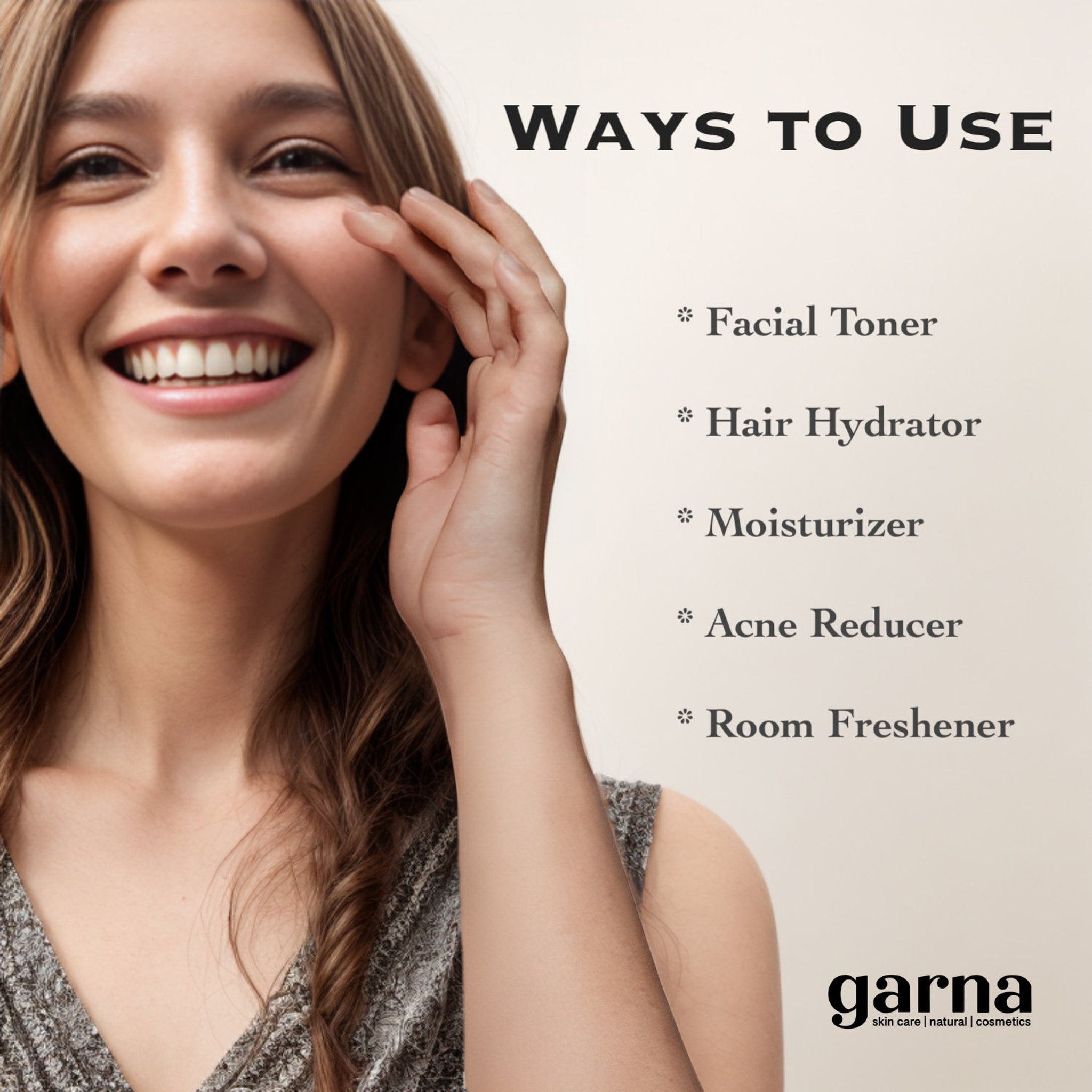Woman smiling with long brown hair wearing gray top, text "Ways to Use" and garna logo