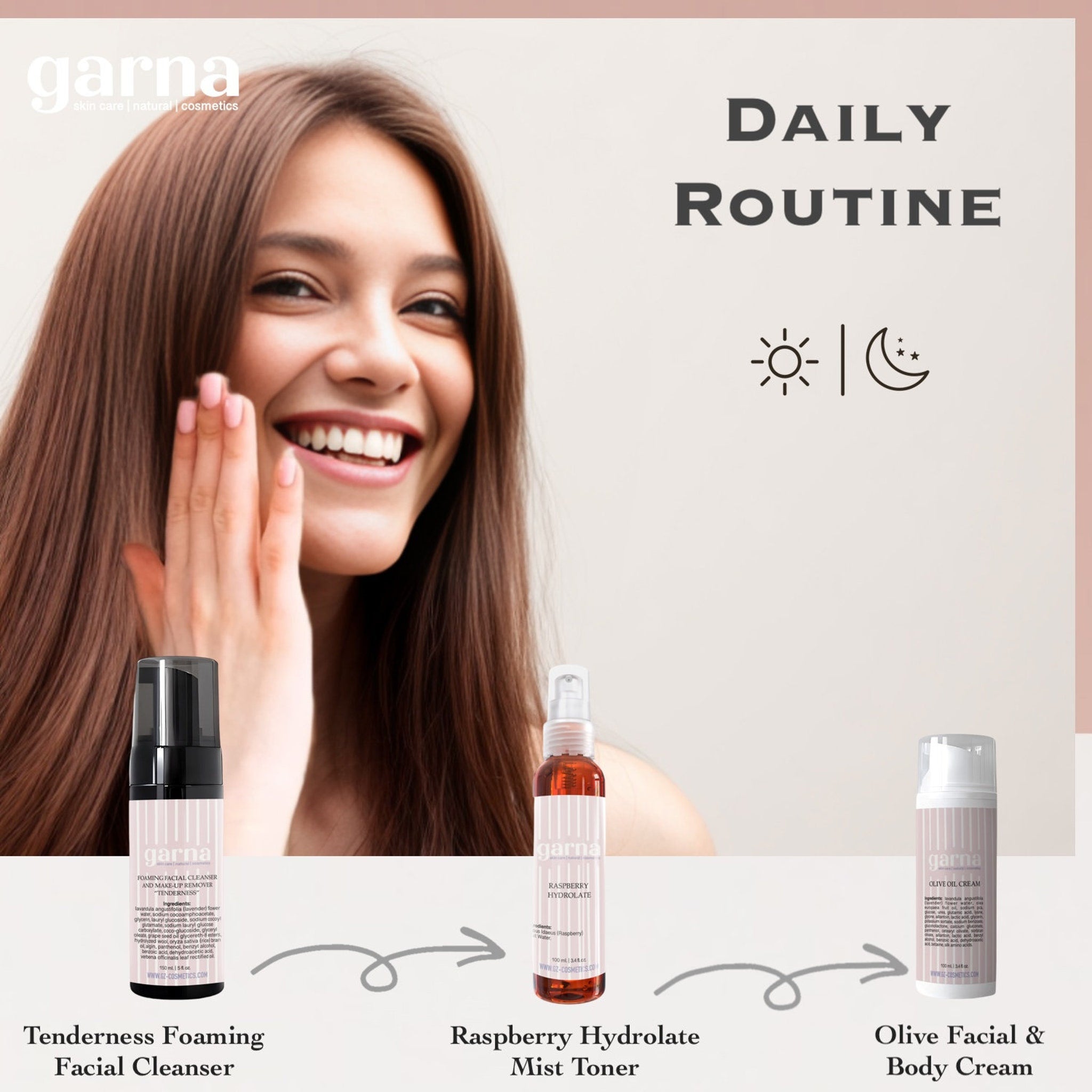 Skincare daily routine with woman, products in clear bottles, garna brand visible