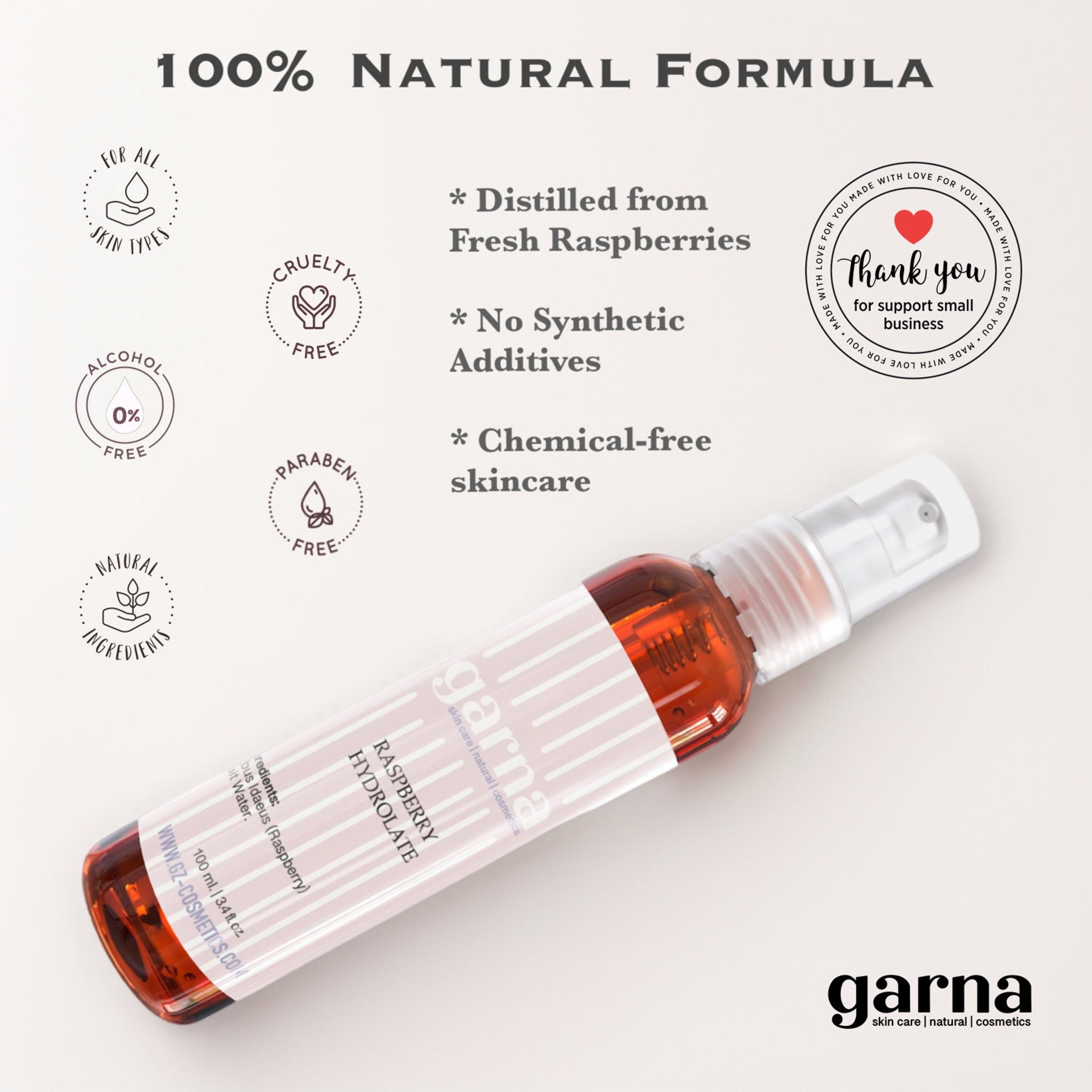 Raspberry Hydrolate bottle, clear glass, red liquid, white pump top, garna brand label