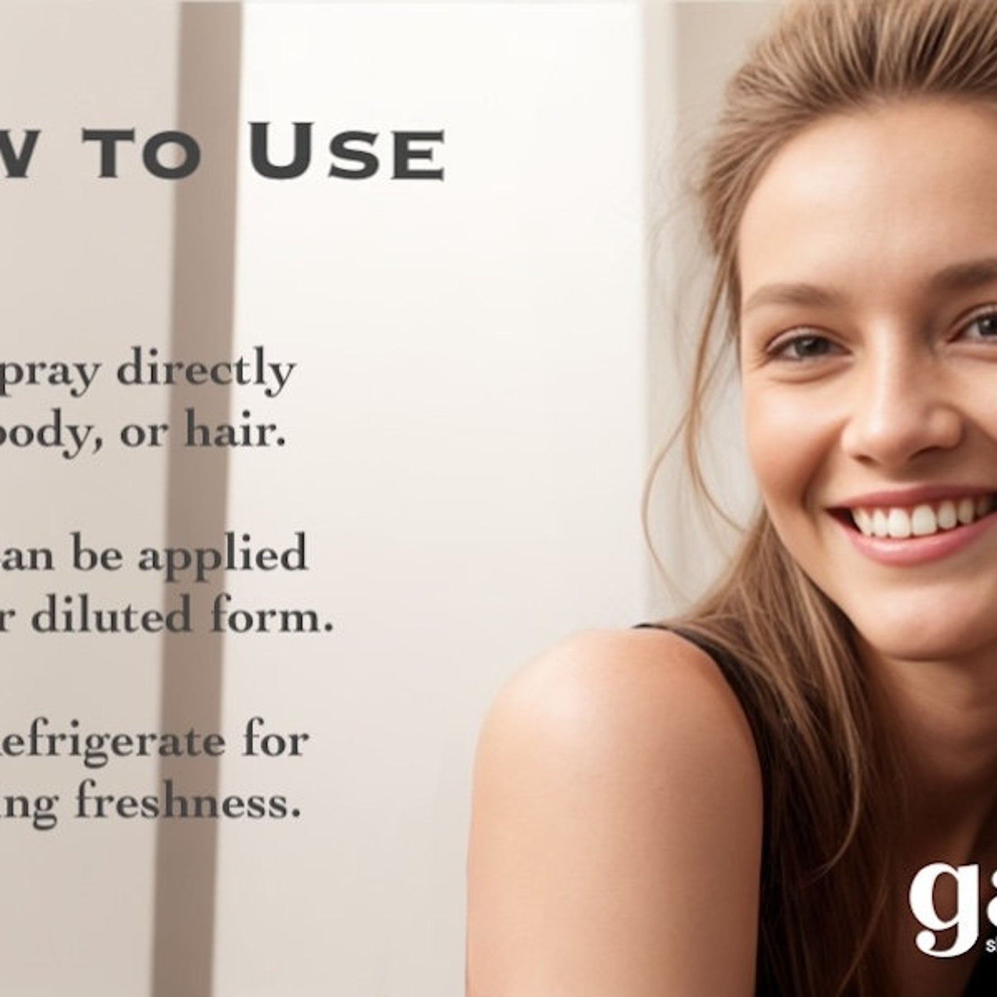 Woman smiling with blonde hair, black top, and text "V TO USE" on a white background