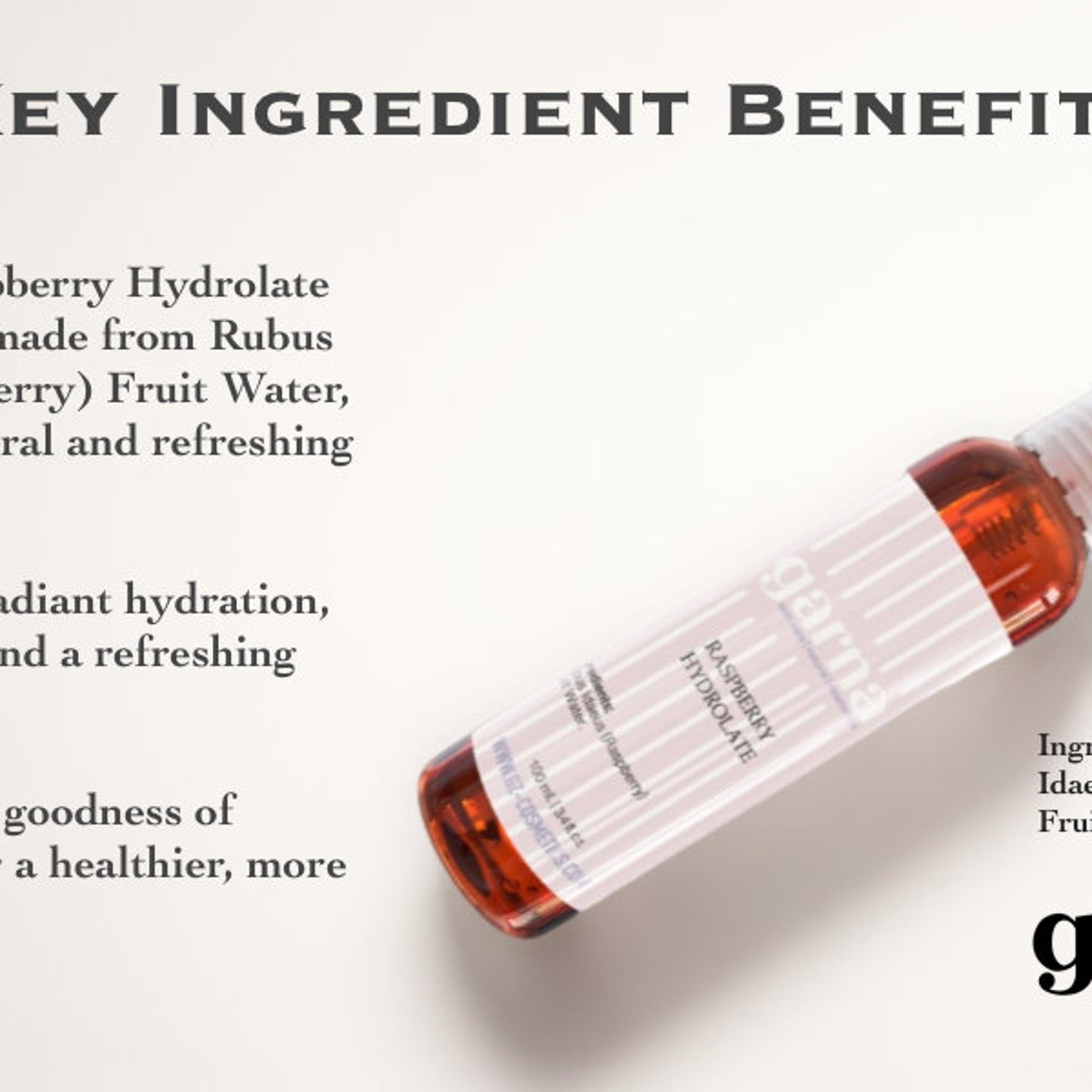 Raspberry Hydrolate bottle, red liquid, white label, garna brand name, angled view