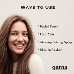 Ways to use garna products with woman, long brown hair, and white sweater, text overlay