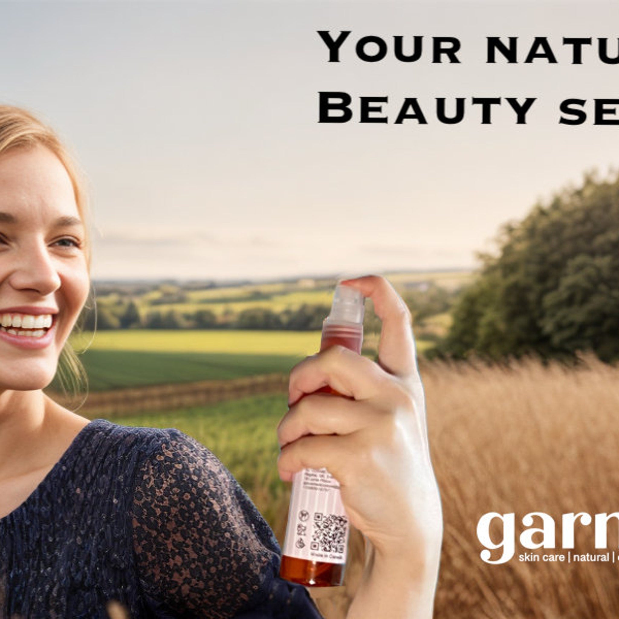 Spray bottle with brown liquid, clear cap, held by woman, garni skin care logo visible