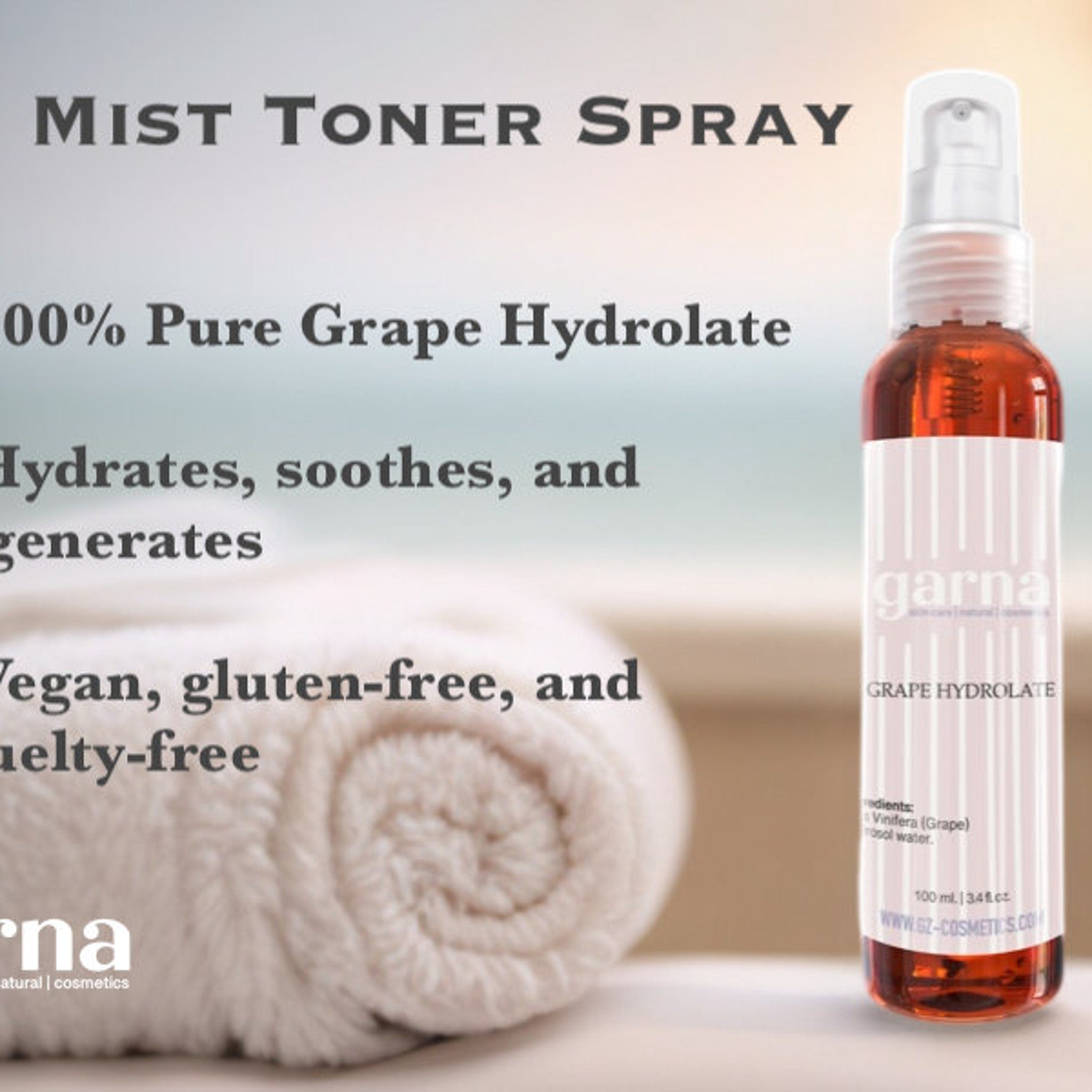 Toner spray bottle, amber liquid, white label with pink stripes, brand name garna visible