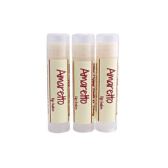 Lip balm tubes with cream and clear plastic, labeled "Amaretto" in red text