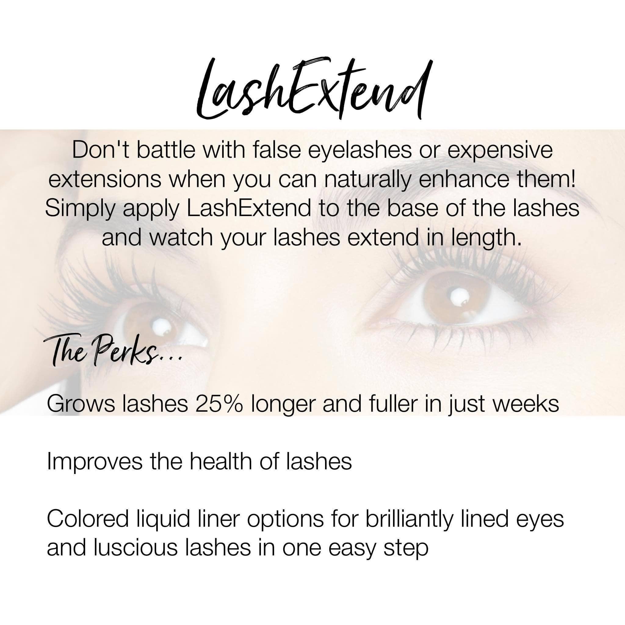 Lash extend product image with black script text, eye illustration, and LashExtend branding visible on white background