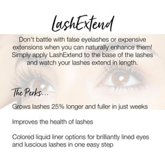 Lash extend product image with black script text, eye illustration, and LashExtend branding visible on white background
