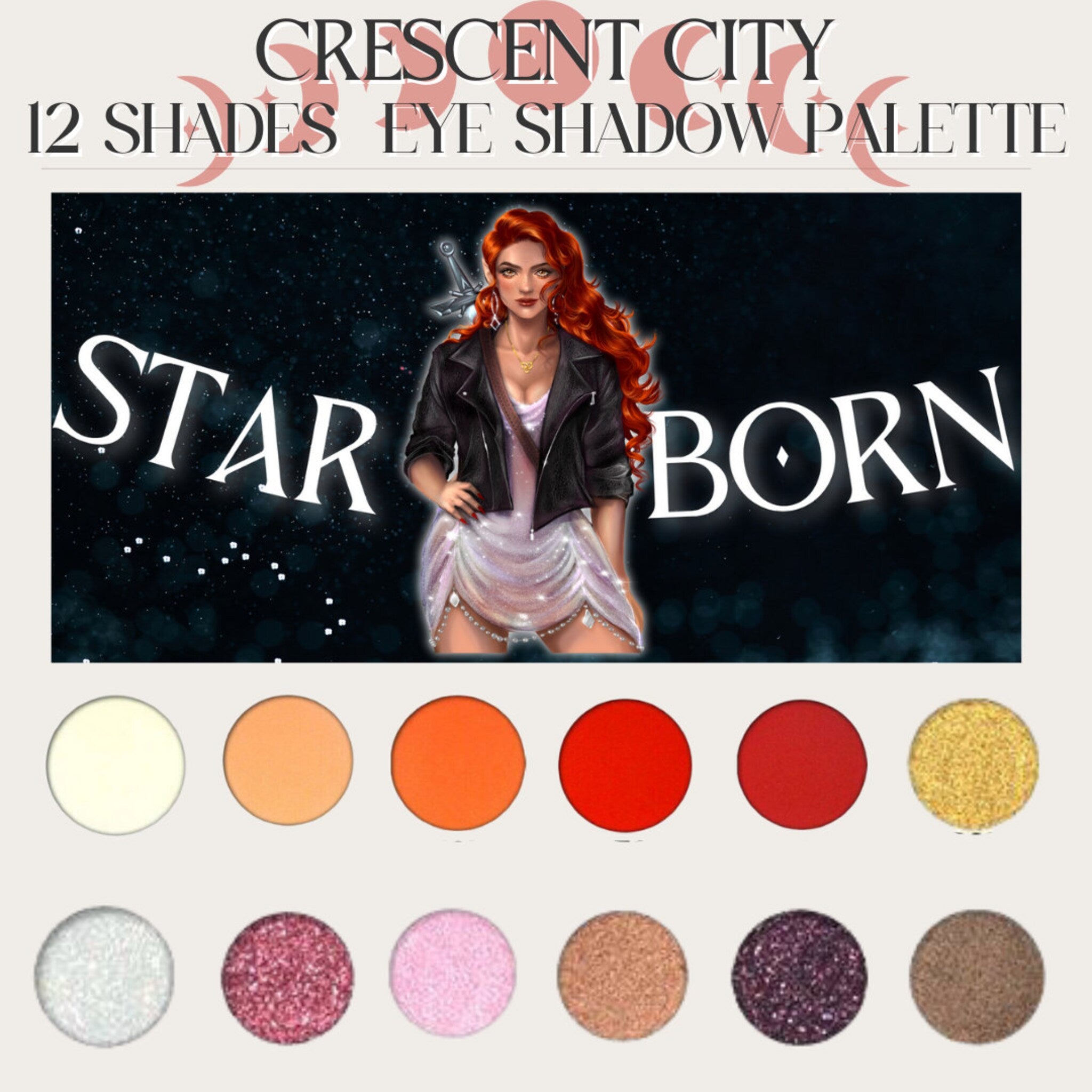 Bryce Quinlan eyeshadow palette with matte, shimmer, and glitter shades in warm neutrals and golds, rectangular black case