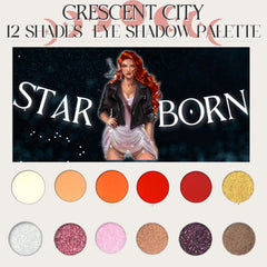 Bryce Quinlan eyeshadow palette with matte, shimmer, and glitter shades in warm neutrals and golds, rectangular black case
