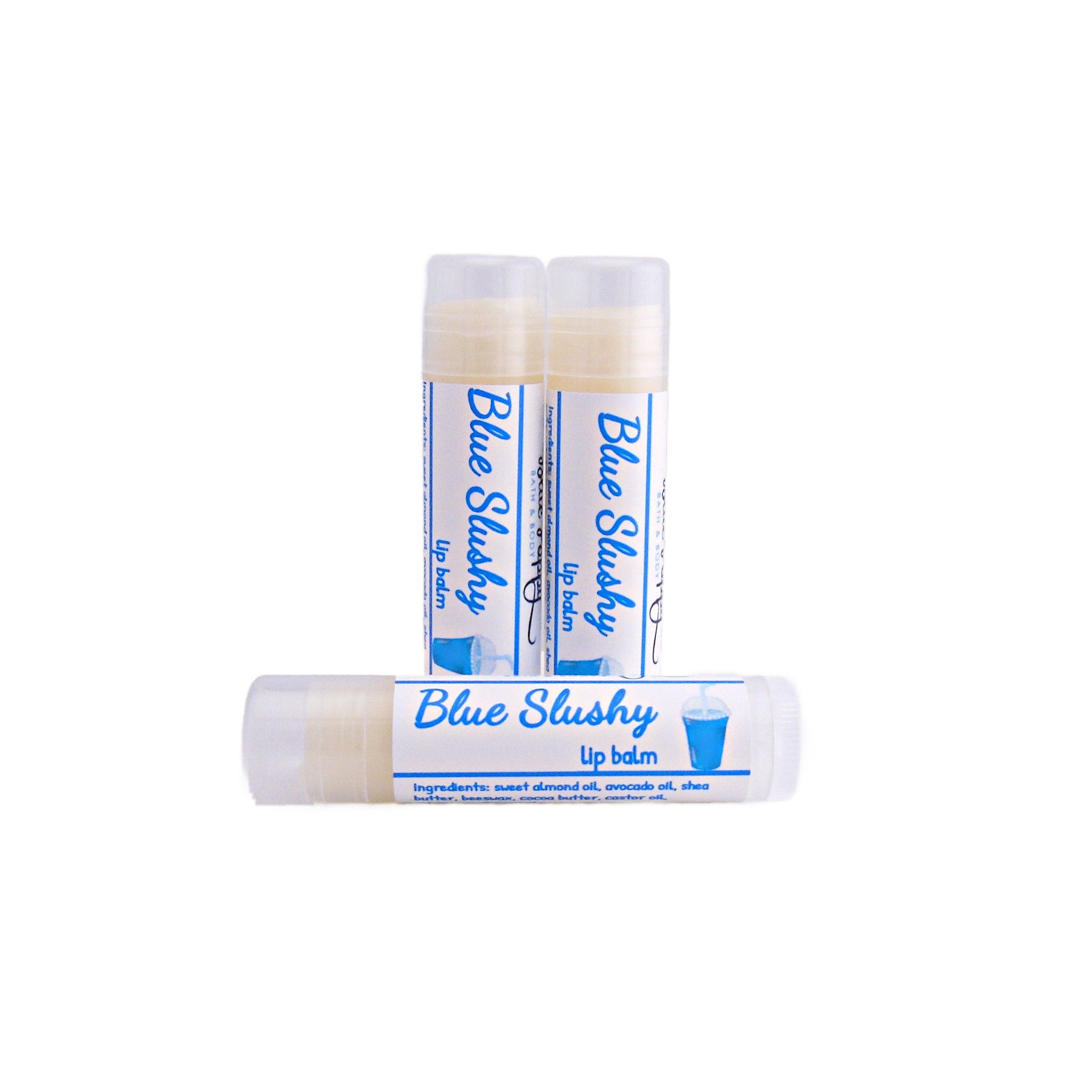 Lip balm tubes with blue and white labels, "Blue Slushy" text, and clear plastic caps.