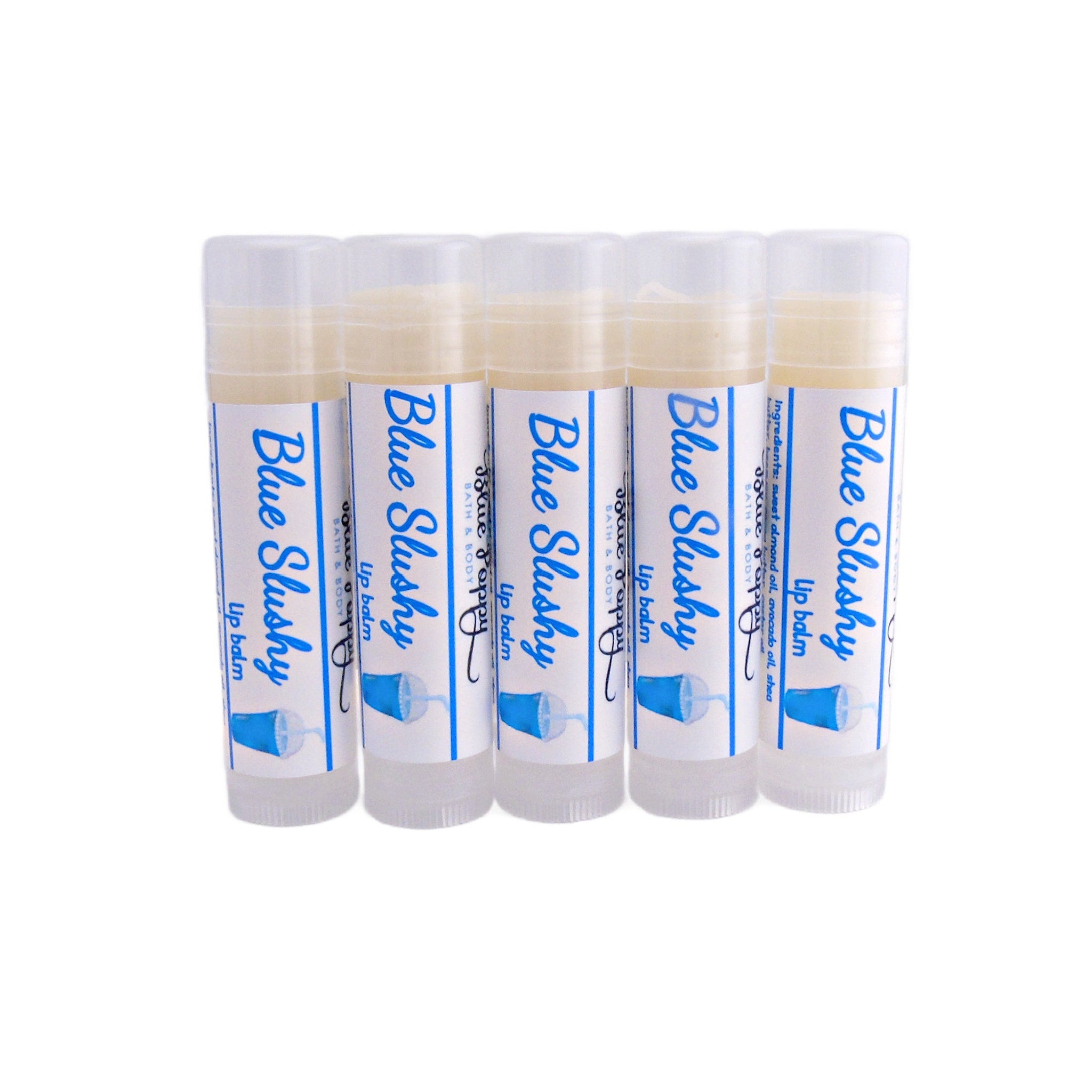 Lip balm tubes with white and blue labels, clear plastic, and Blue Slushy text