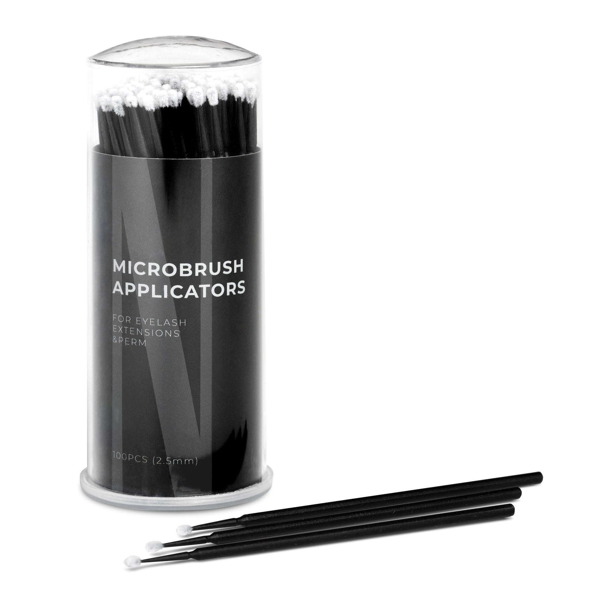 Microbrush applicators in black with white tips, in a clear plastic container, Nanolash visible