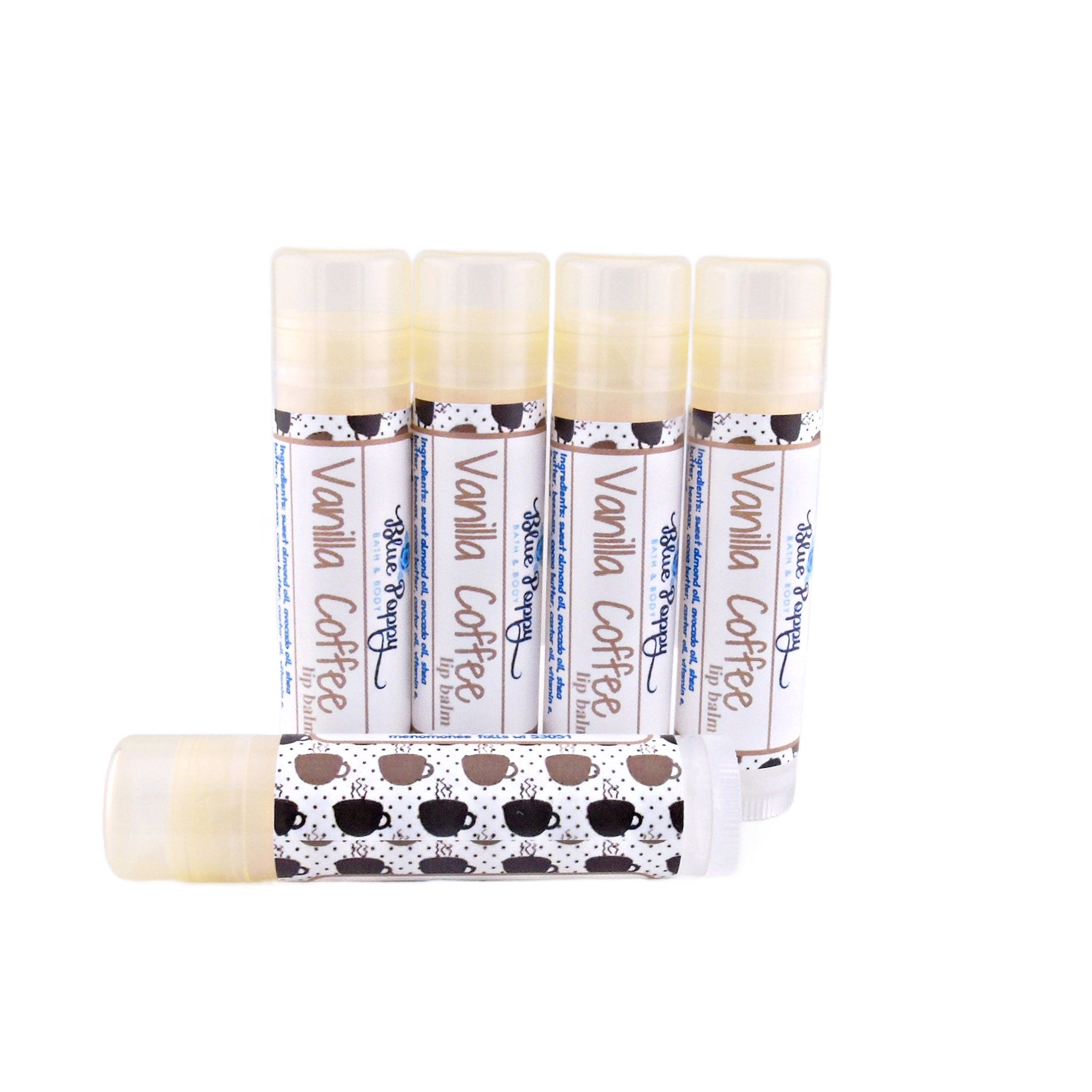 Lip balm tubes with white and brown patterned sleeves, "Vanilla Coffee" text, and "Blue Poppy" brand name visible