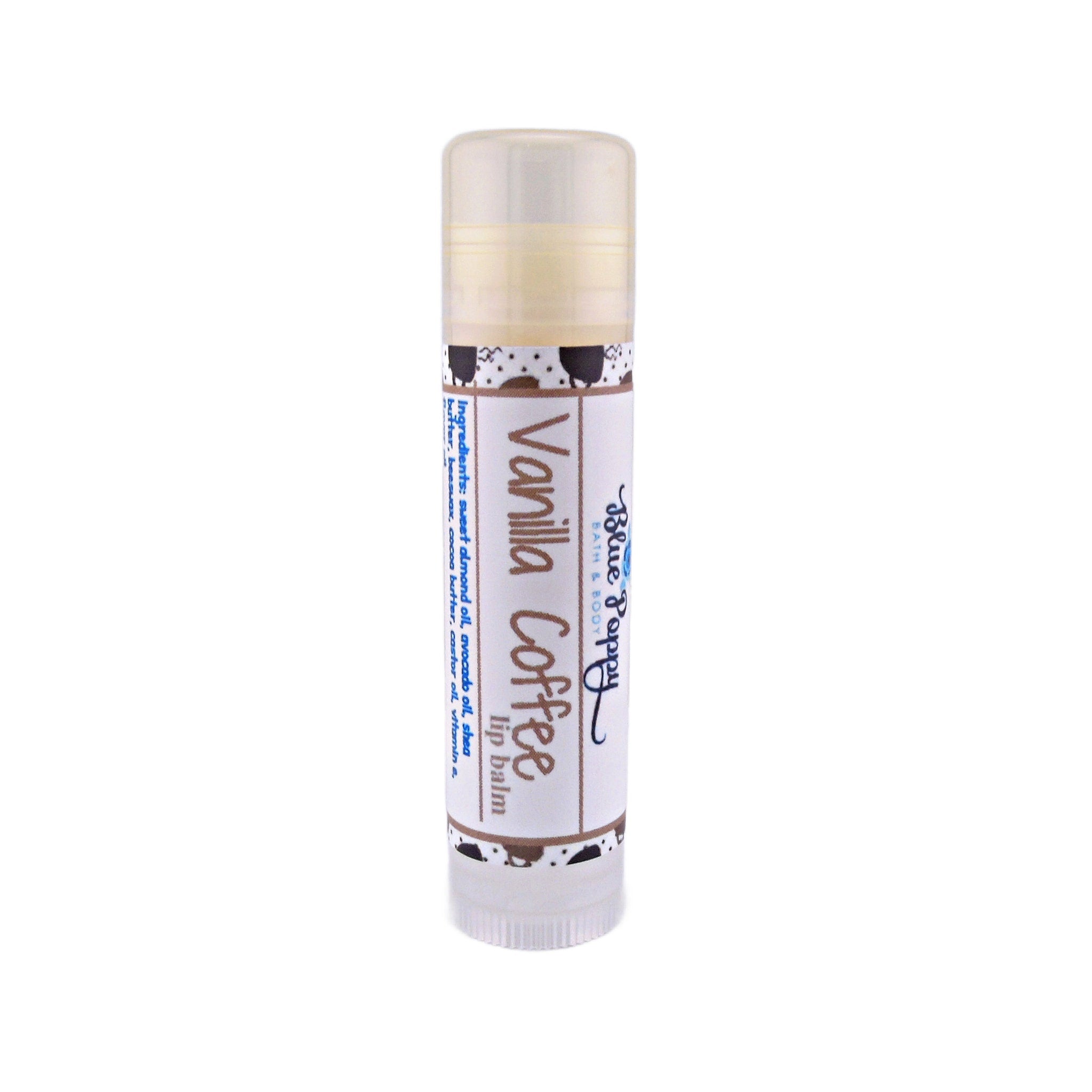 Lip balm tube with white, brown, and clear plastic, "Vanilla Coffee" text, and Blue Poppy brand