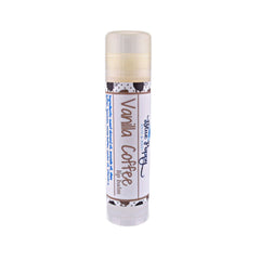 Lip balm tube with white, brown, and clear plastic, "Vanilla Coffee" text, and Blue Poppy brand