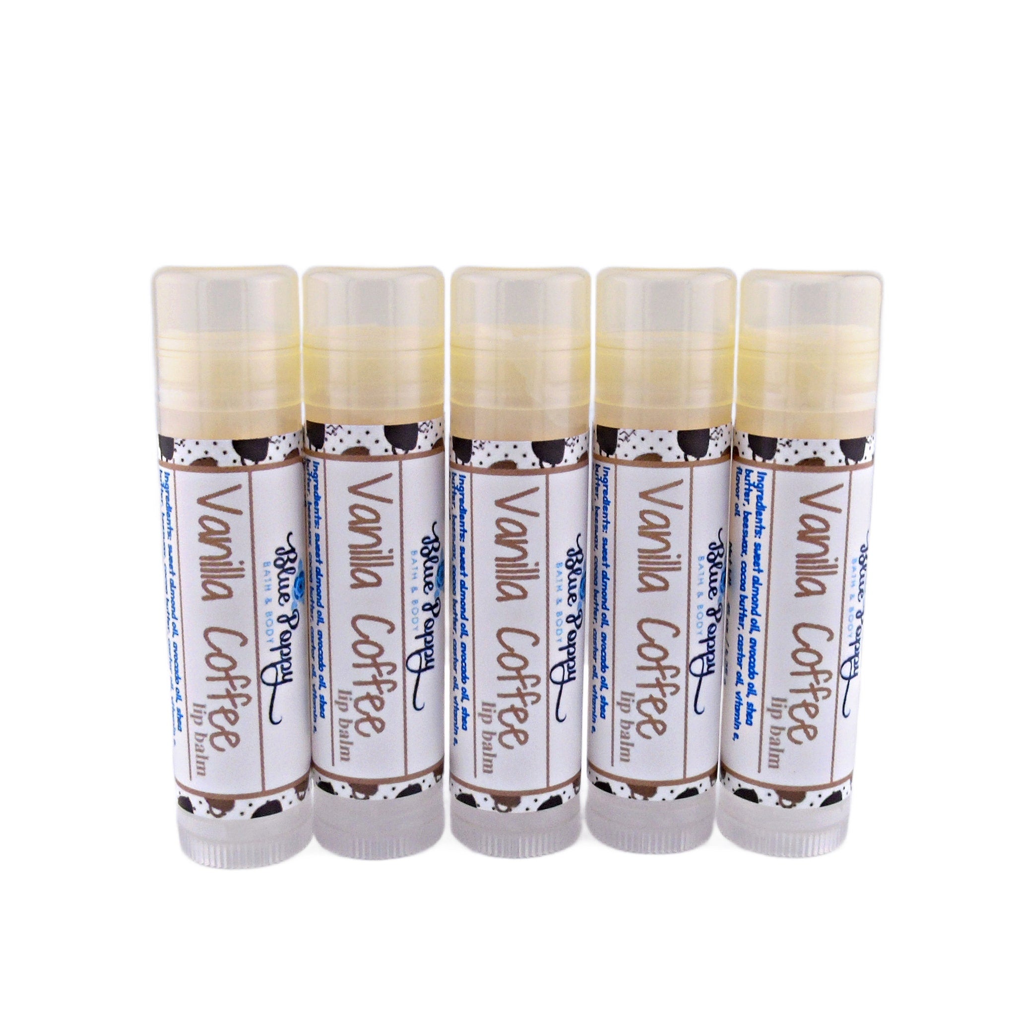 Lip balm tubes with white, brown and black label, Blue Poppy brand, Vanilla Coffee flavor