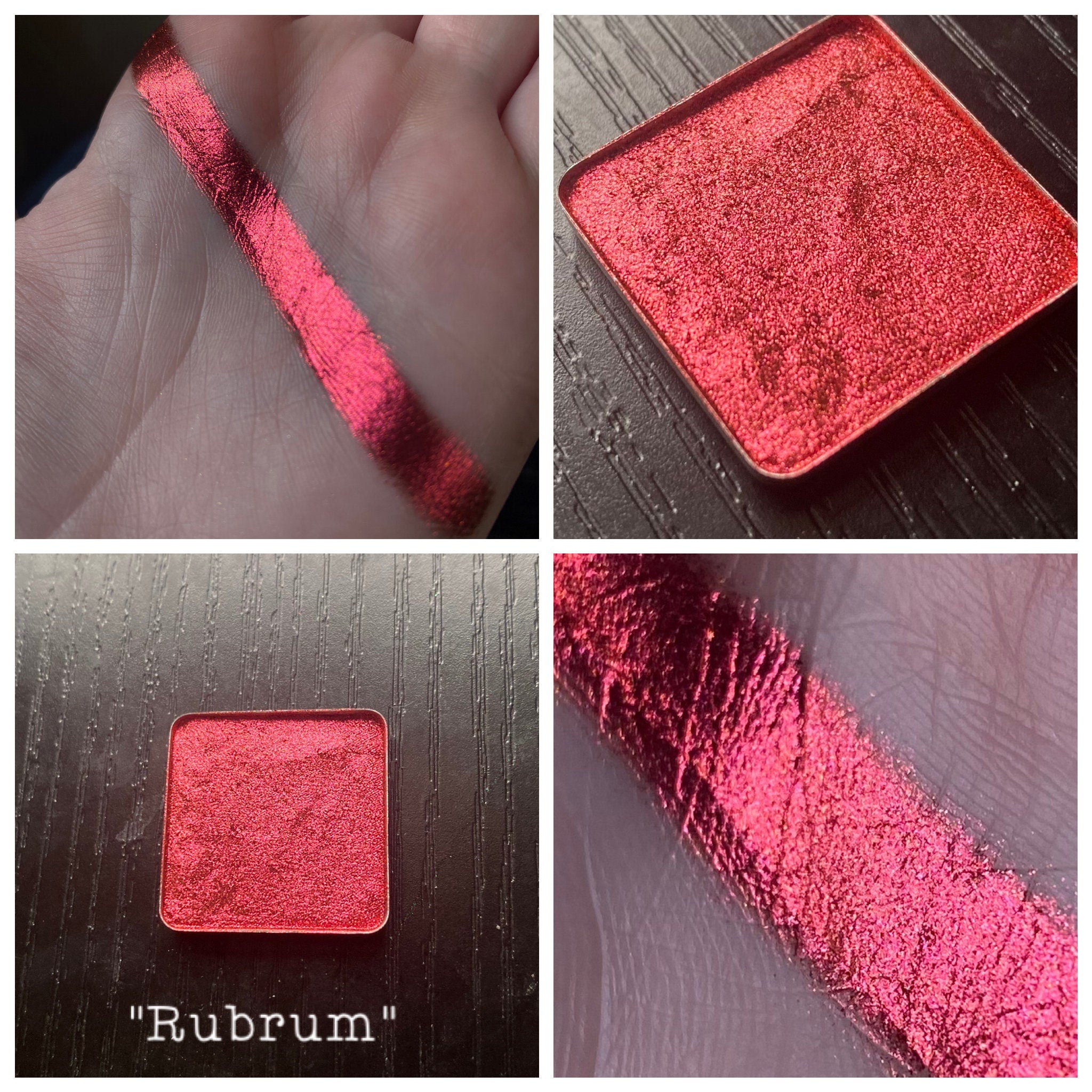 Extreme close-up of multichrome Rubrum eye shadow showing shifting red-to-gold metallic pigments in textured pan