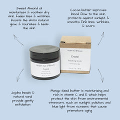 Polishing scrub in black jar with white label, Health Nut Beauty brand, and brown box