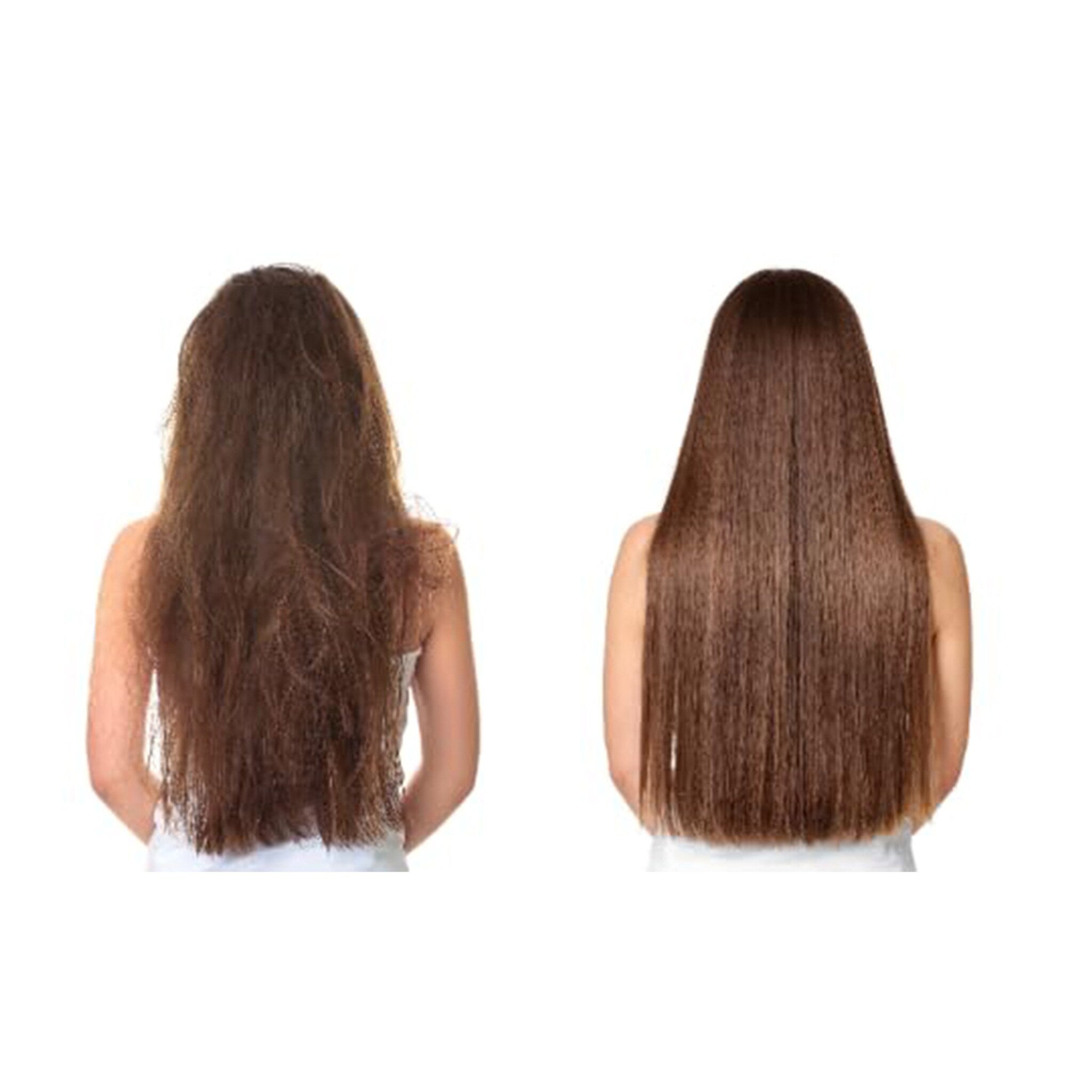 Hair treatment before and after, brown frizzy and straight hair comparison, back view of person
