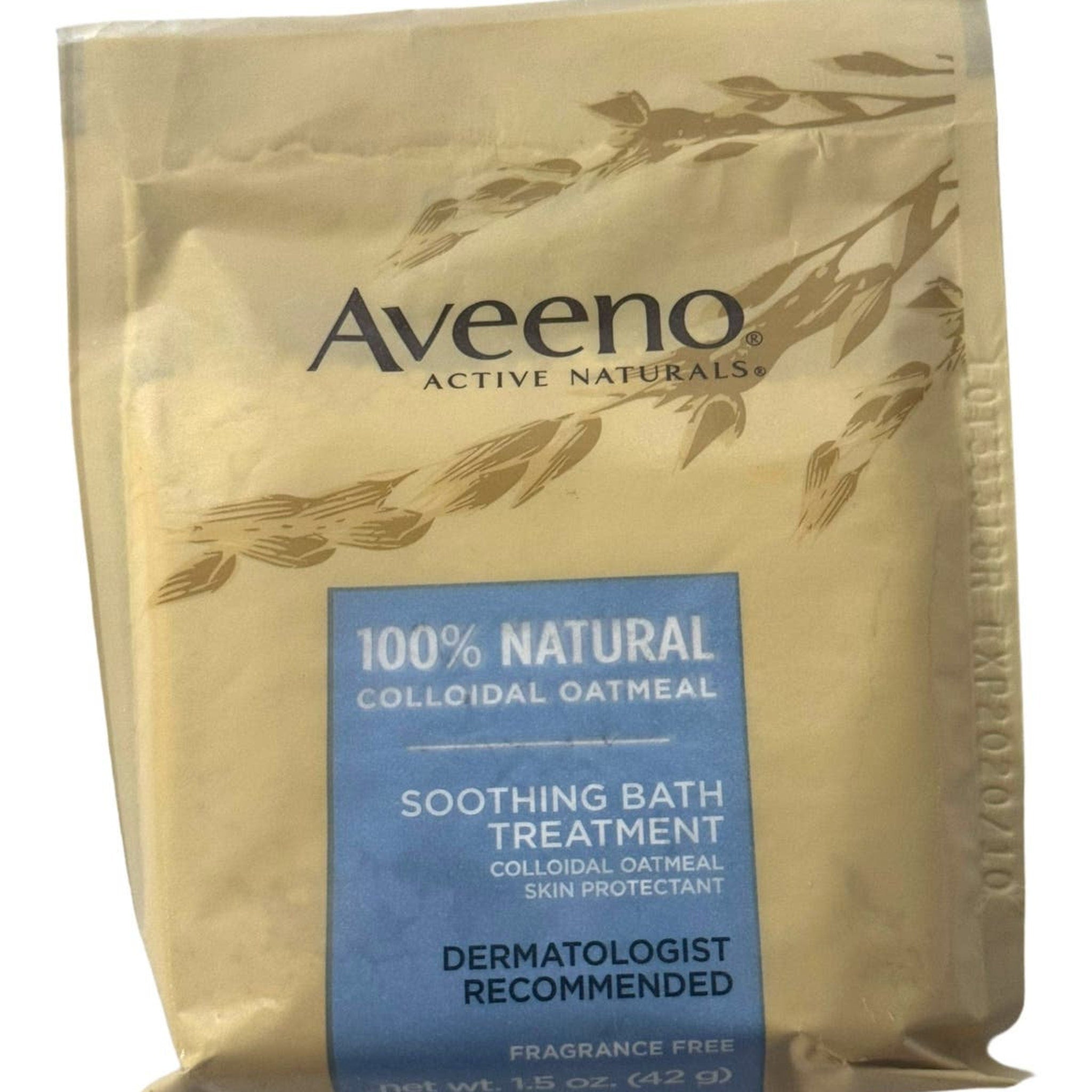 Colloidal oatmeal bath treatment package, beige with leaf pattern, Aveeno brand visible