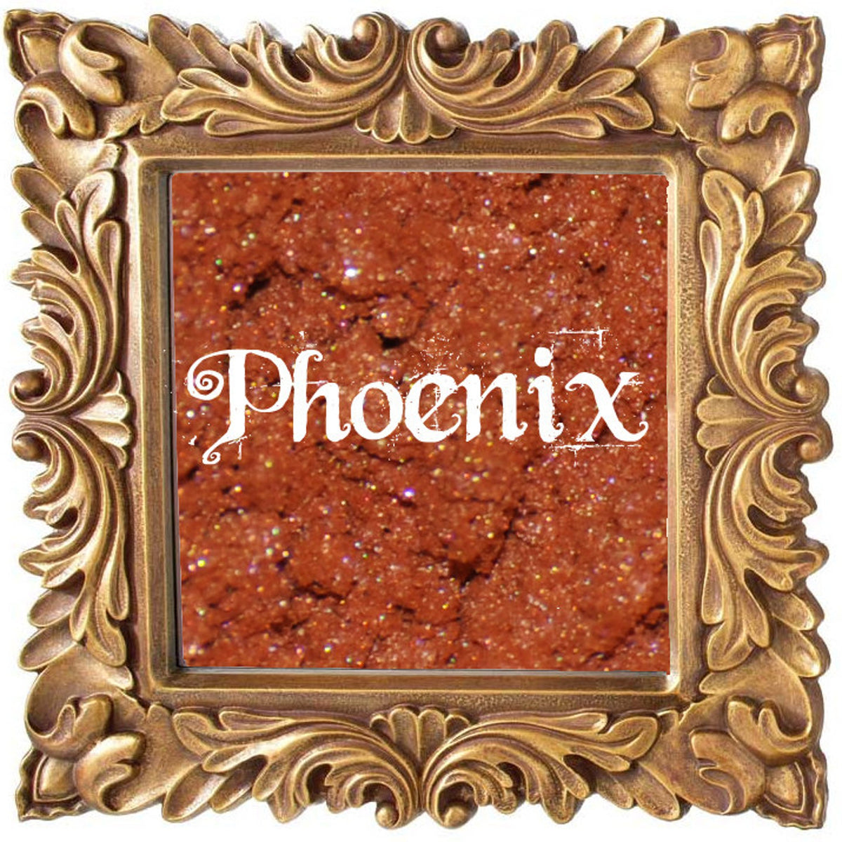 Small glass jar with black lid containing pigmented phoenix-orange mineral eye shadow and sifter insert