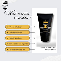 Face wash product in black tube with Oxylux logo and text, for sensitive skin and deep cleansing