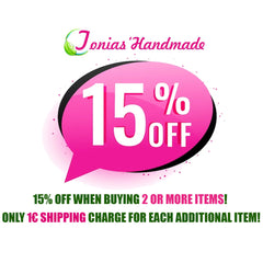Tonias Handmade promotion graphic with pink speech bubble, white text, and 15% off discount offer